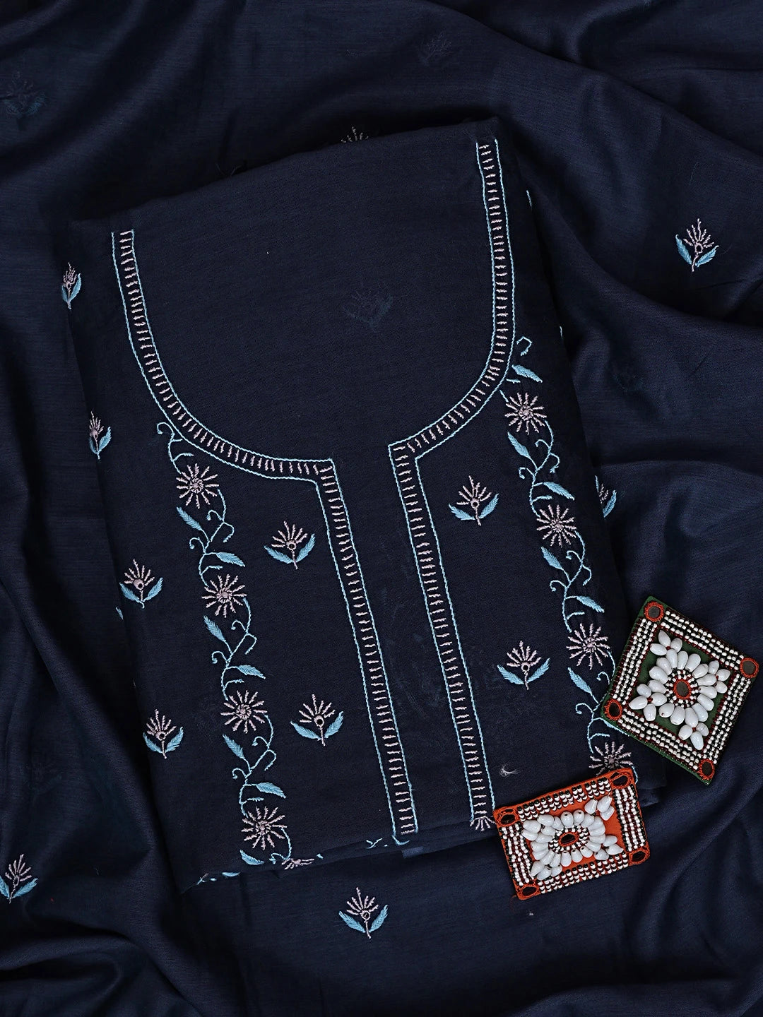 Ada Hand Embroidered Navy Blue Chanderi Lucknowi Chikankari Kurta Dupatta Set 01A903305
