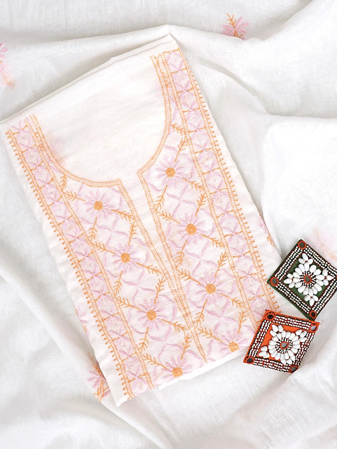 Ada Hand Embroidered White Cornsilk Chanderi Lucknowi Chikankari Kurta Dupatta Set 01A903108