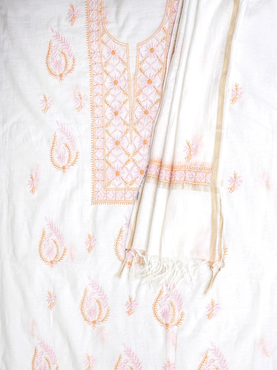 Ada Hand Embroidered White Cornsilk Chanderi Lucknowi Chikankari Kurta Dupatta Set 01A903108