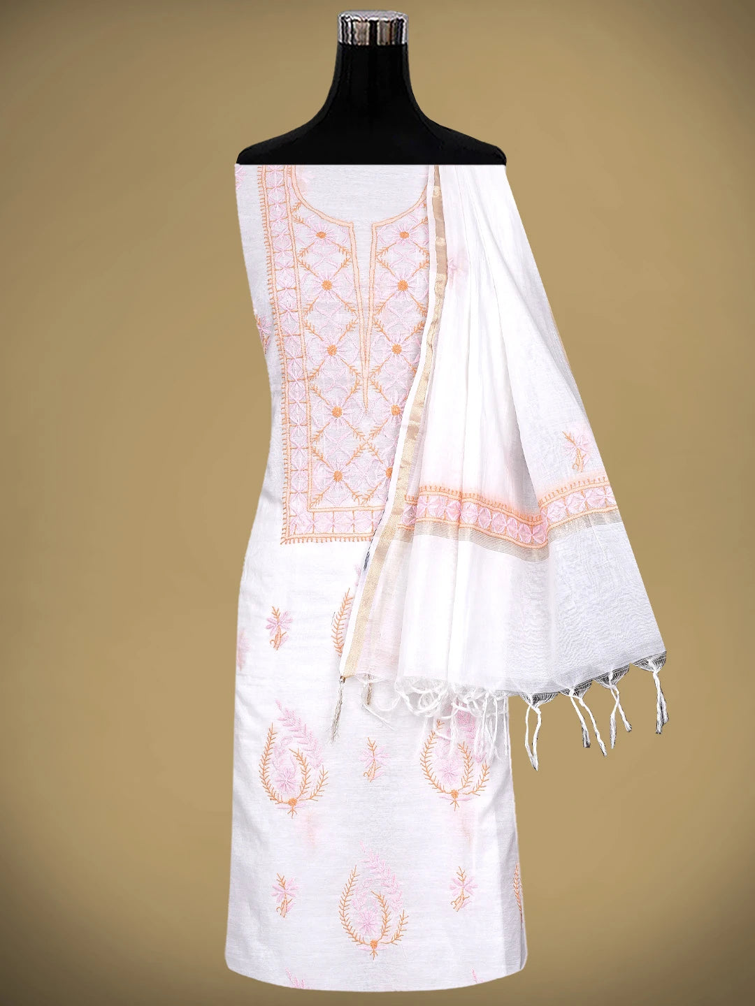 Ada Hand Embroidered White Cornsilk Chanderi Lucknowi Chikankari Kurta Dupatta Set 01A903108