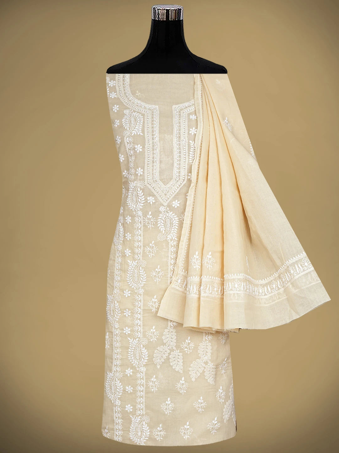 Ada Hand Embroidered Fawn Cotton Lucknowi Chikankari Unstitched Suit Piece 01A915025