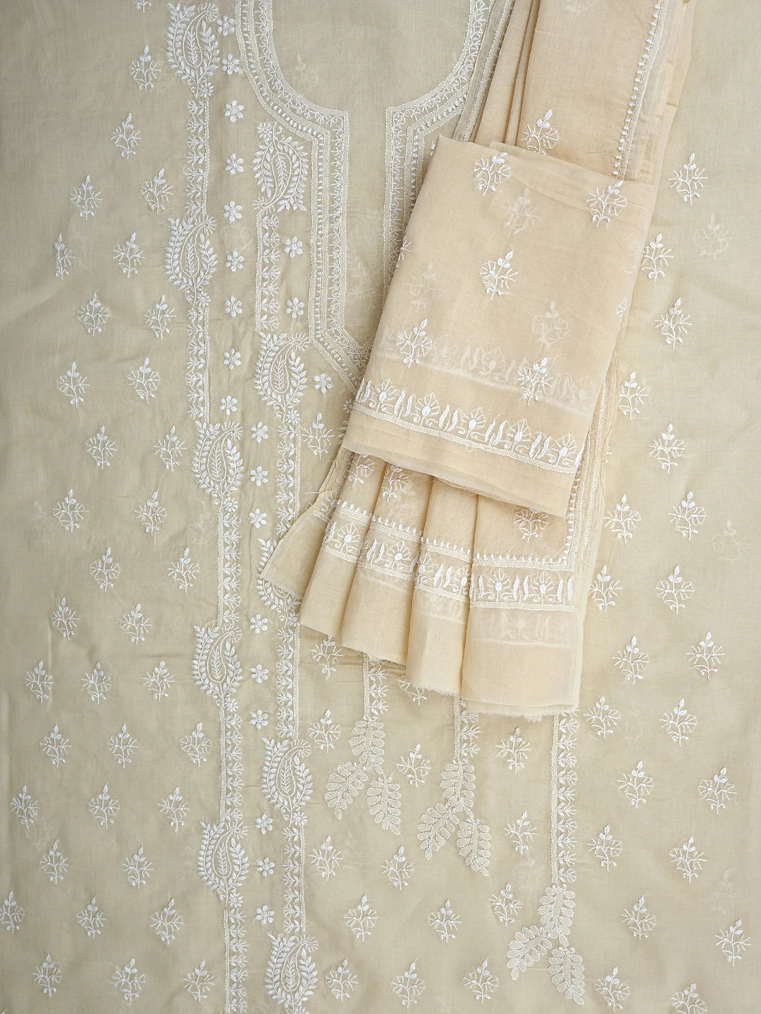 Ada Hand Embroidered Fawn Cotton Lucknowi Chikankari Unstitched Suit Piece 01A915025