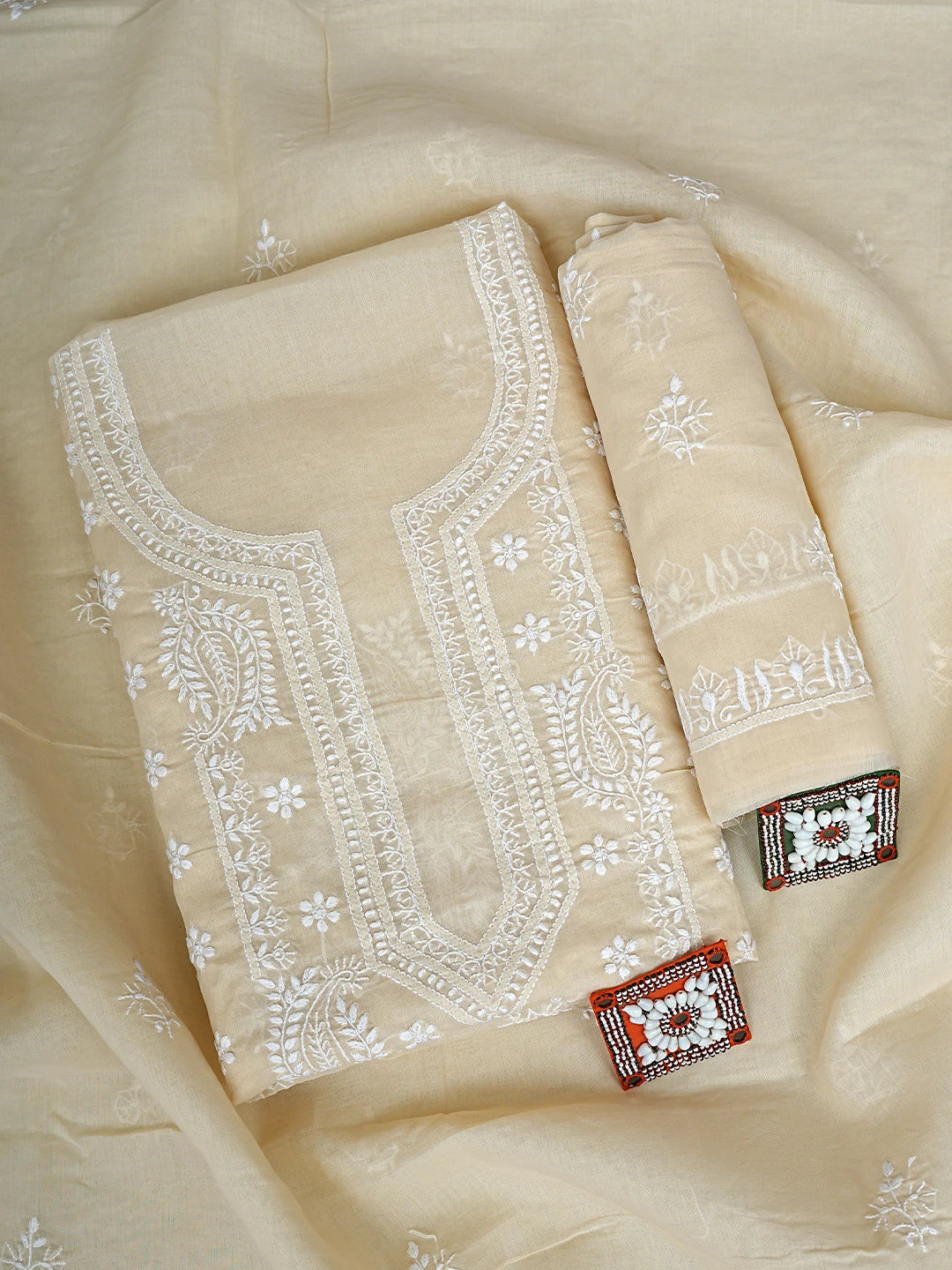 Ada Hand Embroidered Fawn Cotton Lucknowi Chikankari Unstitched Suit Piece 01A915025