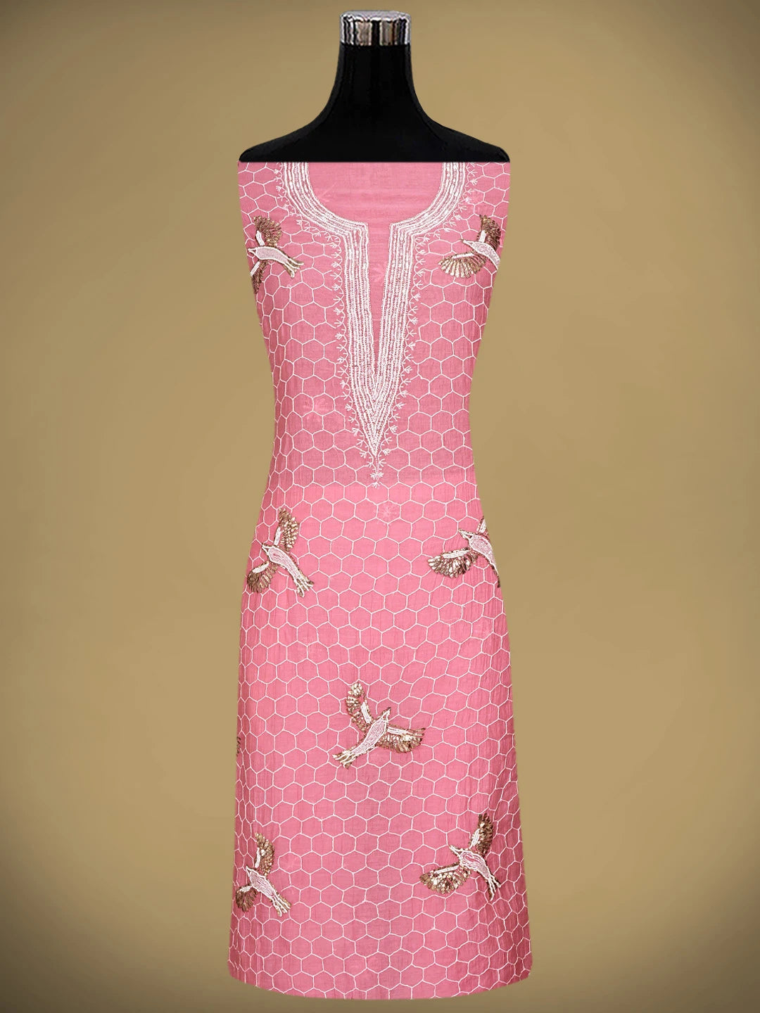 Ada Hand Embroidered Pink Chanderi Lucknowi Chikankari Unstitched Kurta Dupatta Set With Mukaish Work 01A837859
