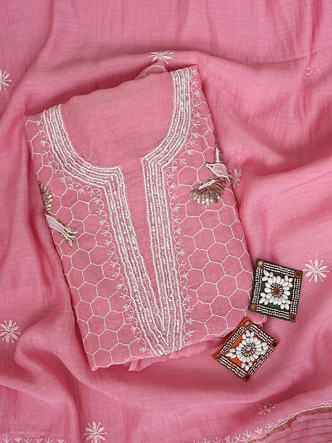 Ada Hand Embroidered Pink Chanderi Lucknowi Chikankari Unstitched Kurta Dupatta Set With Mukaish Work 01A837859