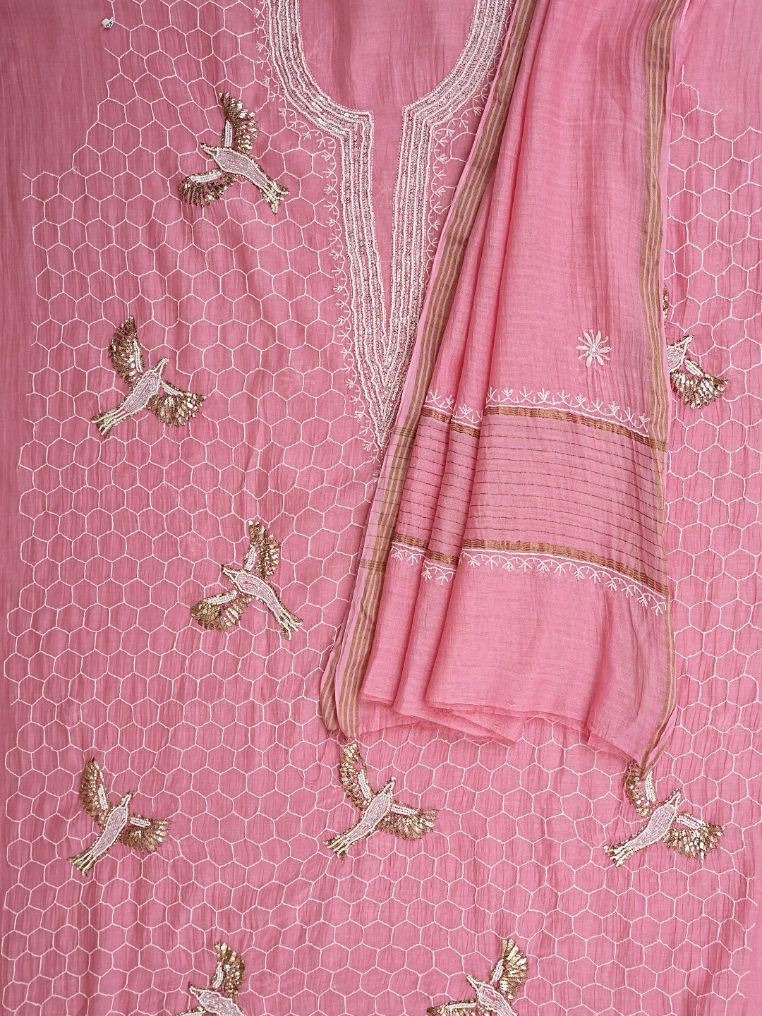 Ada Hand Embroidered Pink Chanderi Lucknowi Chikankari Unstitched Kurta Dupatta Set With Mukaish Work 01A837859