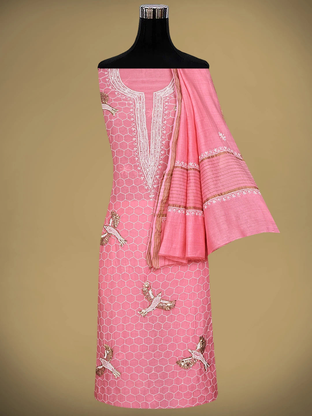 Ada Hand Embroidered Pink Chanderi Lucknowi Chikankari Unstitched Kurta Dupatta Set With Mukaish Work 01A837859