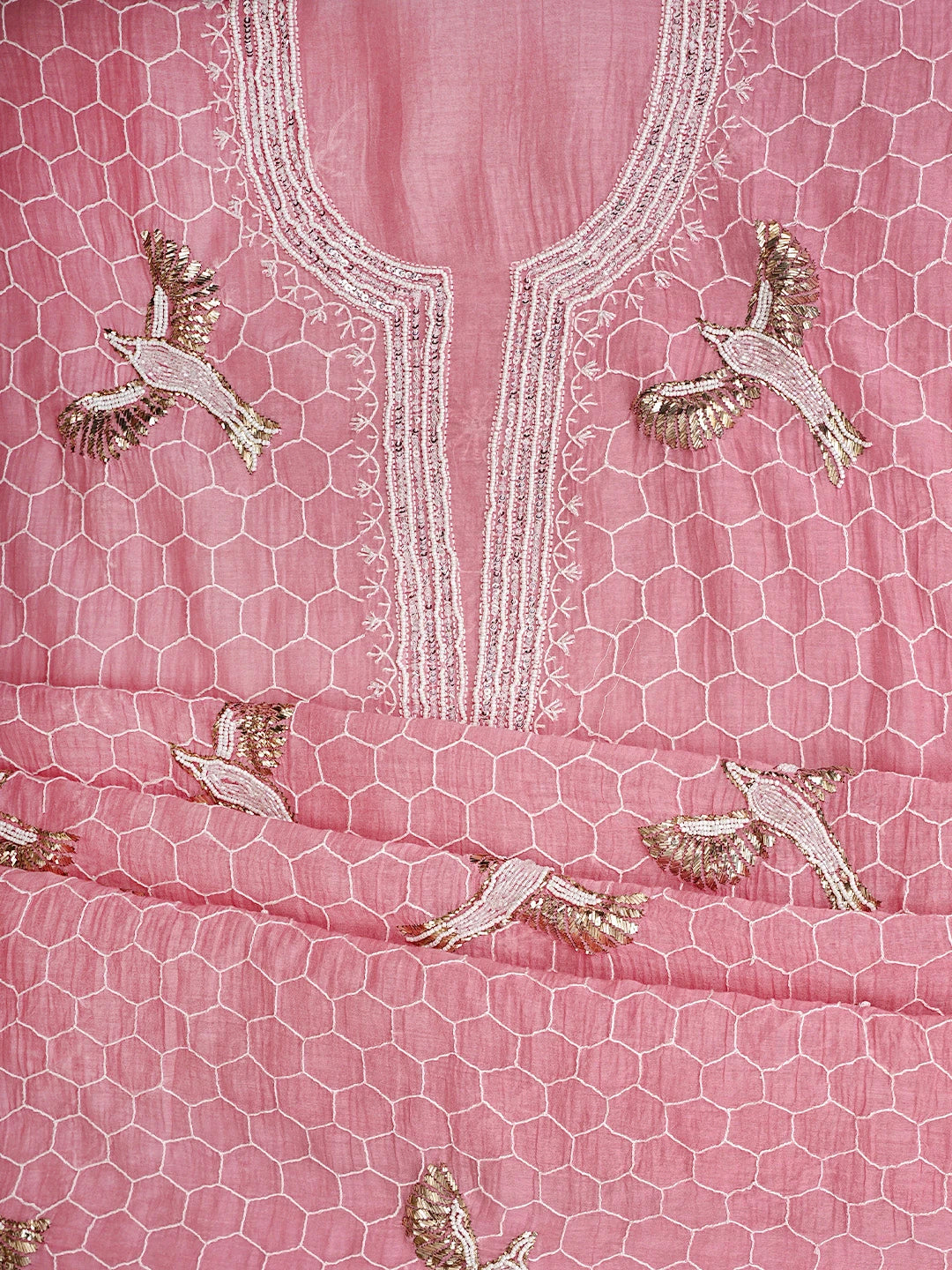 Ada Hand Embroidered Pink Chanderi Lucknowi Chikankari Unstitched Kurta Dupatta Set With Mukaish Work 01A837859