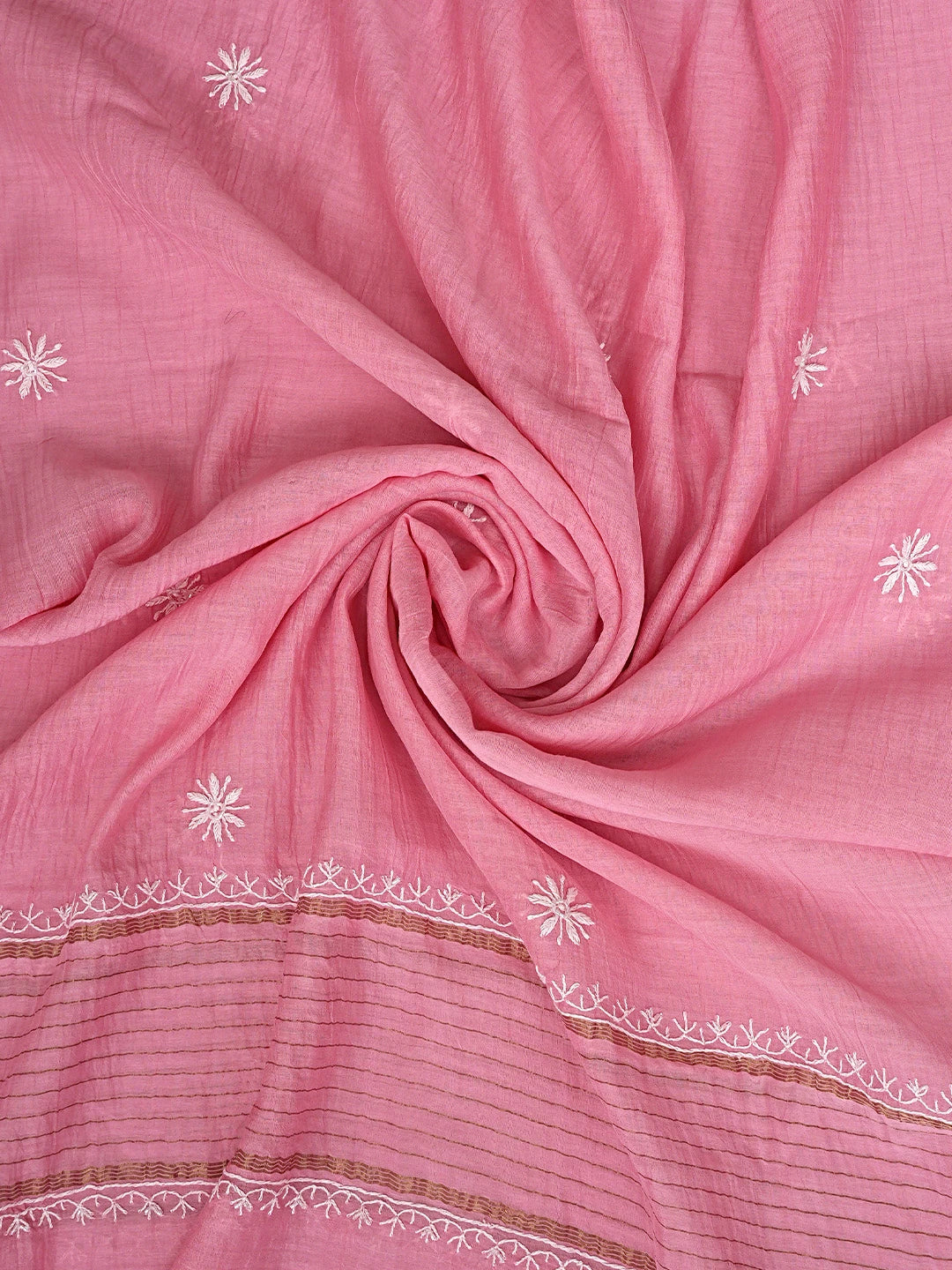 Ada Hand Embroidered Pink Chanderi Lucknowi Chikankari Unstitched Kurta Dupatta Set With Mukaish Work 01A837859