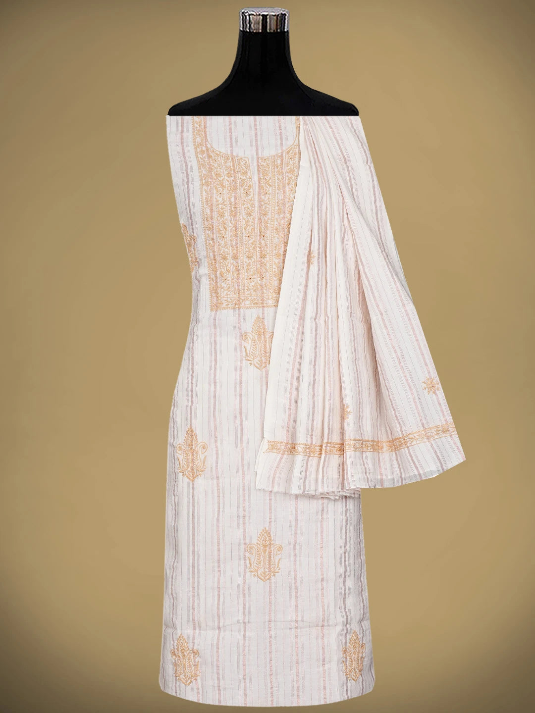 Ada Hand Embroidered Ivory Cotton Lucknowi Chikankari Unstitched Kurta Dupatta Set 01A910433