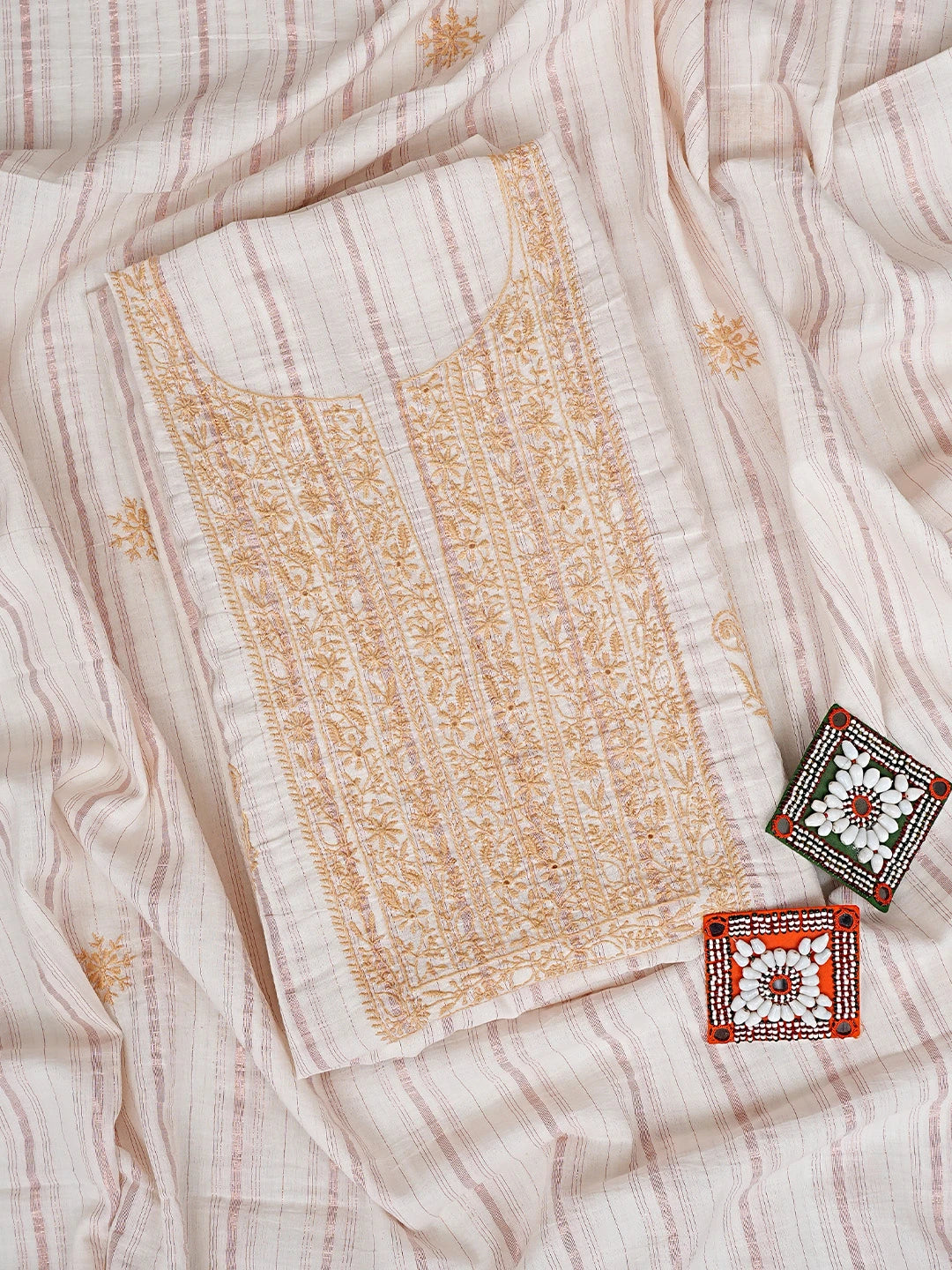 Ada Hand Embroidered Ivory Cotton Lucknowi Chikankari Unstitched Kurta Dupatta Set 01A910433