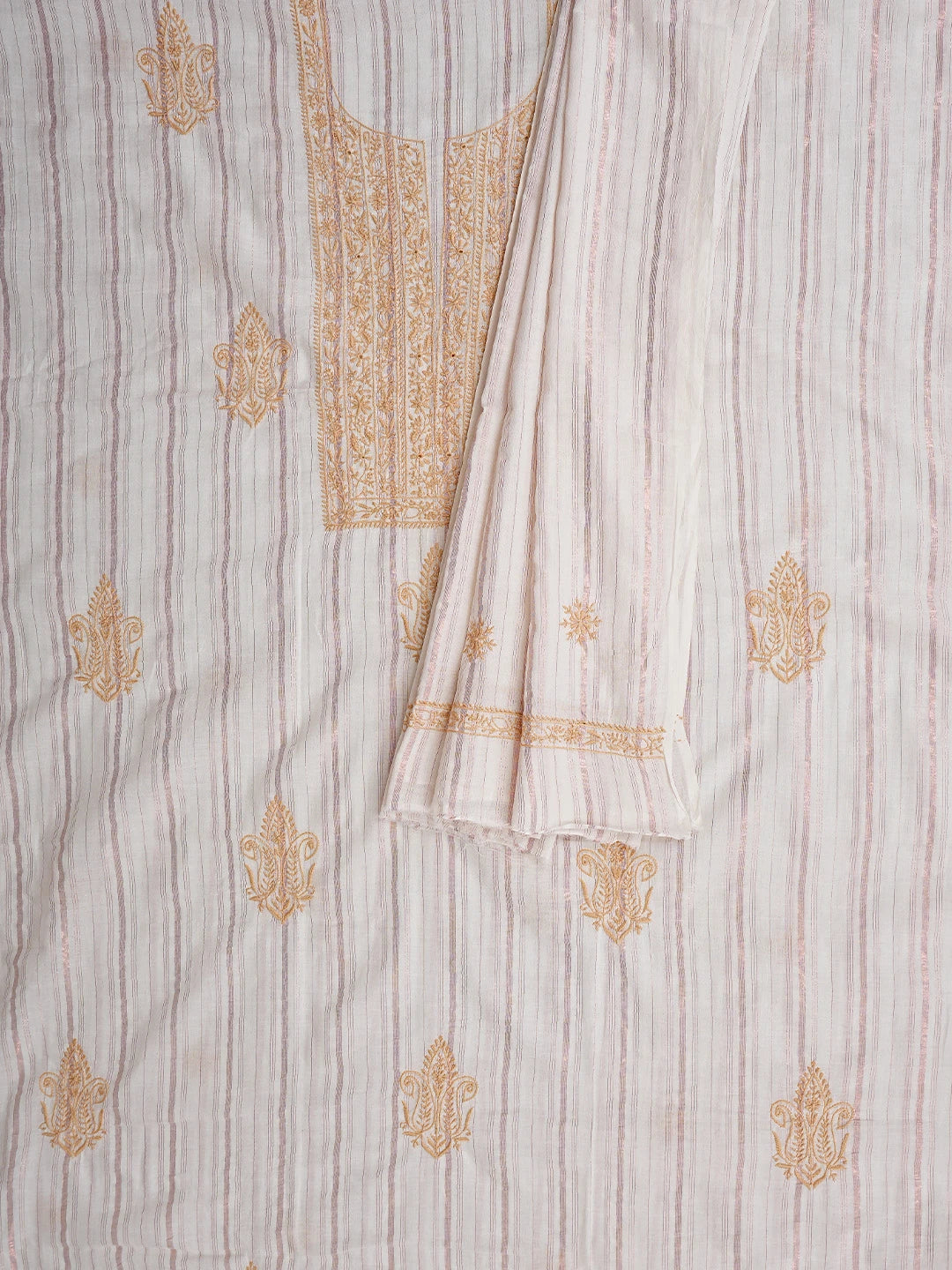 Ada Hand Embroidered Ivory Cotton Lucknowi Chikankari Unstitched Kurta Dupatta Set 01A910433