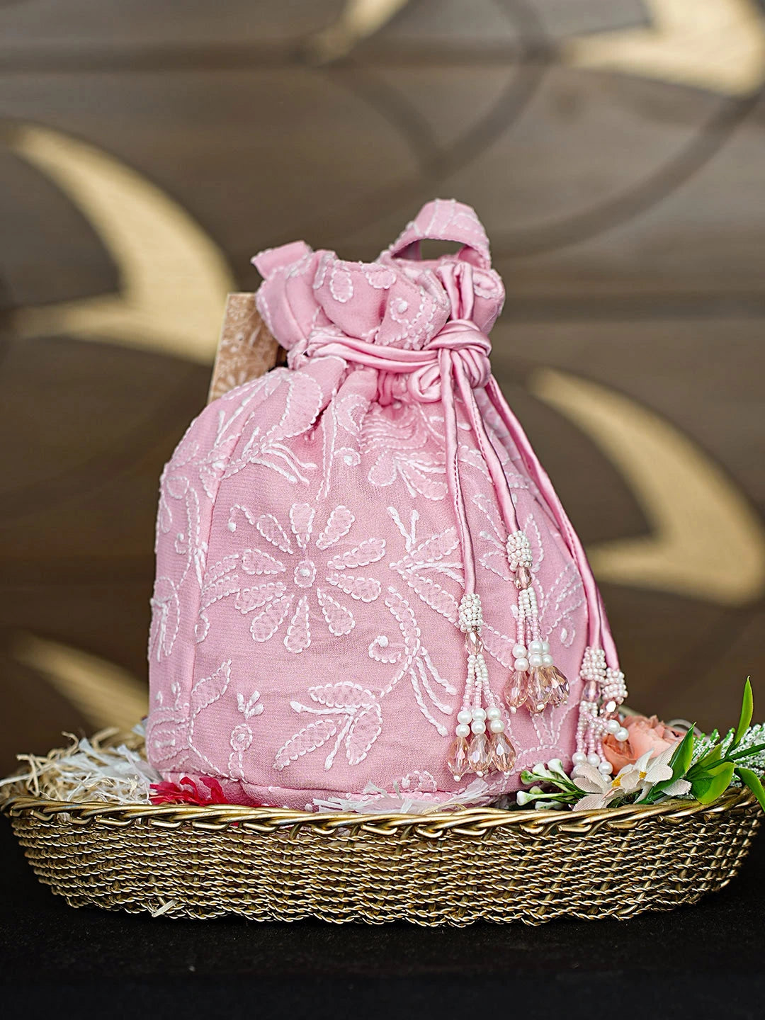 Ada Hand Embroidered Pink Viscose Gerogette Lucknowi Chikankari Potli Bag 01A895541