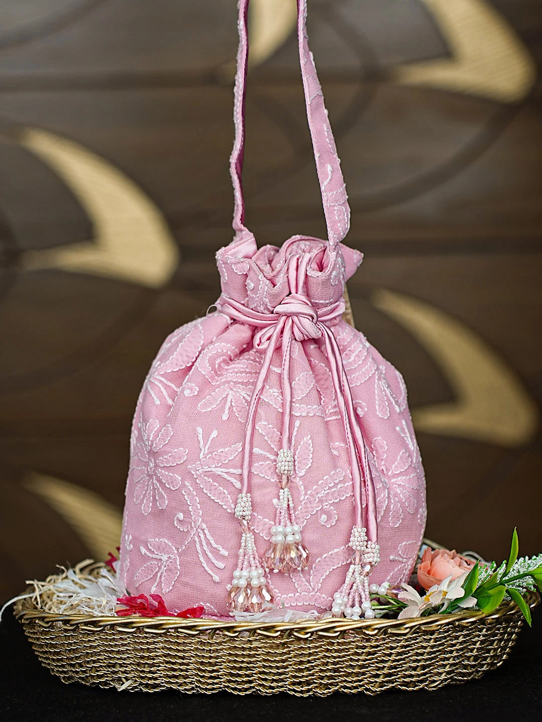 Ada Hand Embroidered Pink Viscose Gerogette Lucknowi Chikankari Potli Bag 01A895541