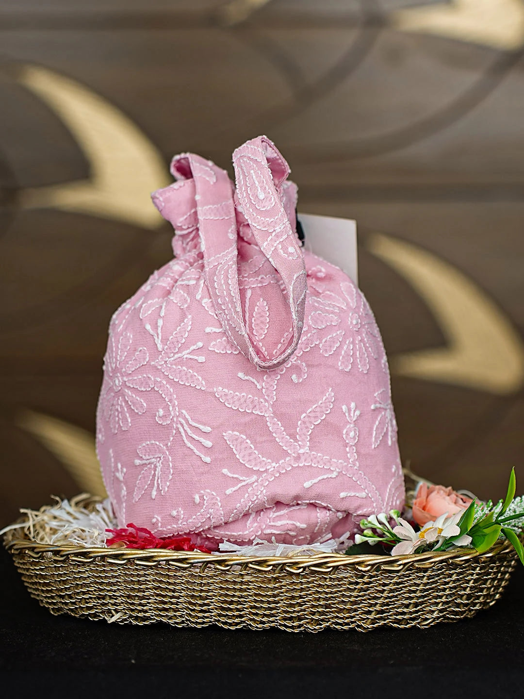 Ada Hand Embroidered Pink Viscose Gerogette Lucknowi Chikankari Potli Bag 01A895541