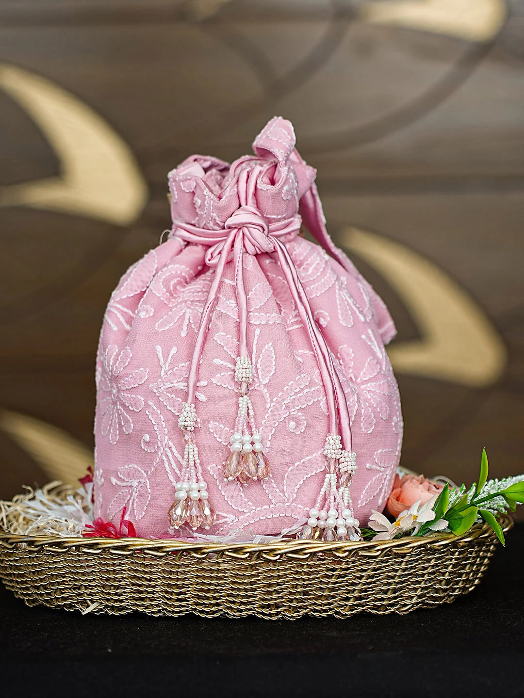 Ada Hand Embroidered Pink Viscose Gerogette Lucknowi Chikankari Potli Bag 01A895541