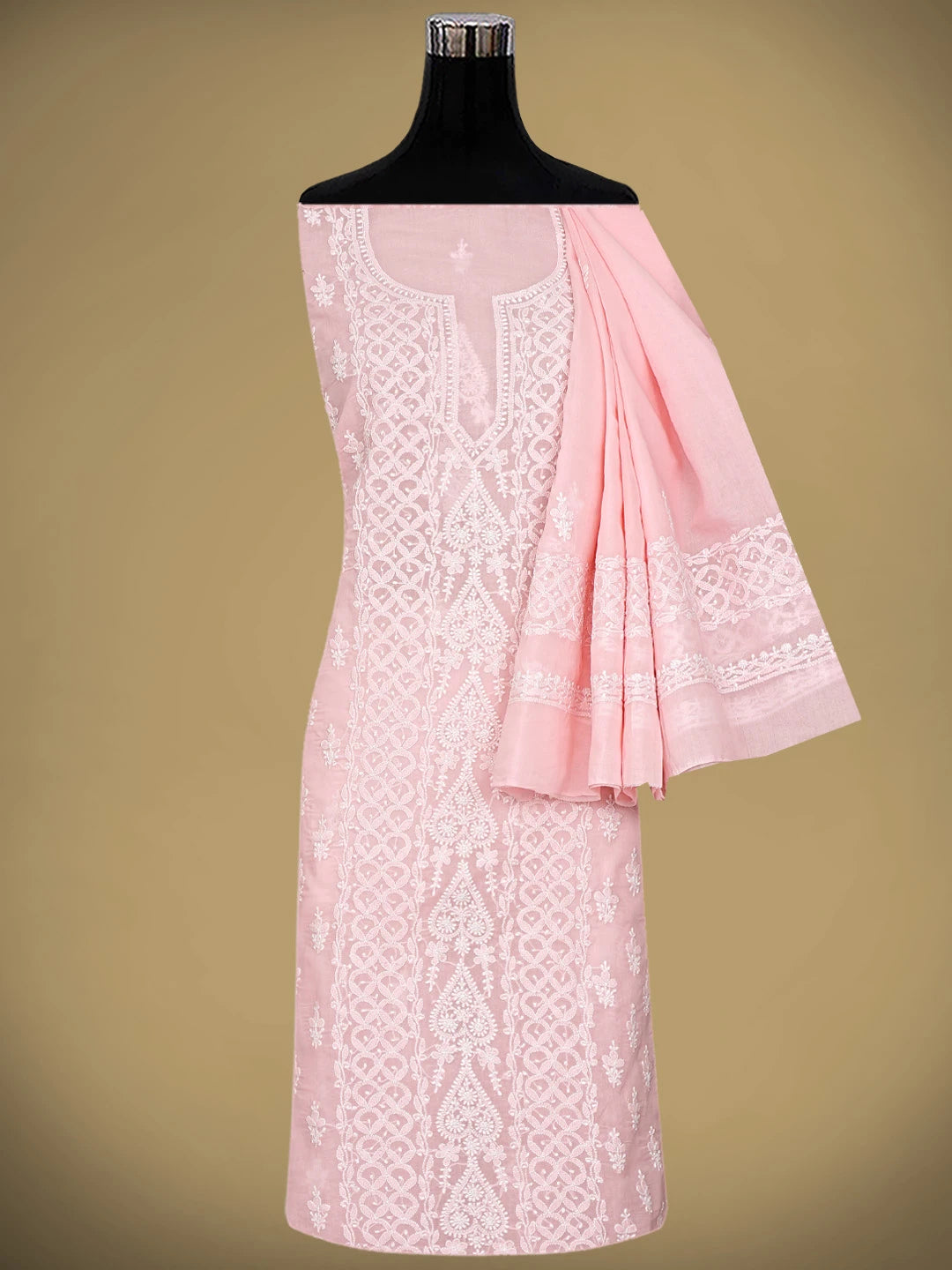 Ada Hand Embroidered Candlelight Peach Cotton Lucknowi Chikankari Unstitched Suit Piece 01A914818