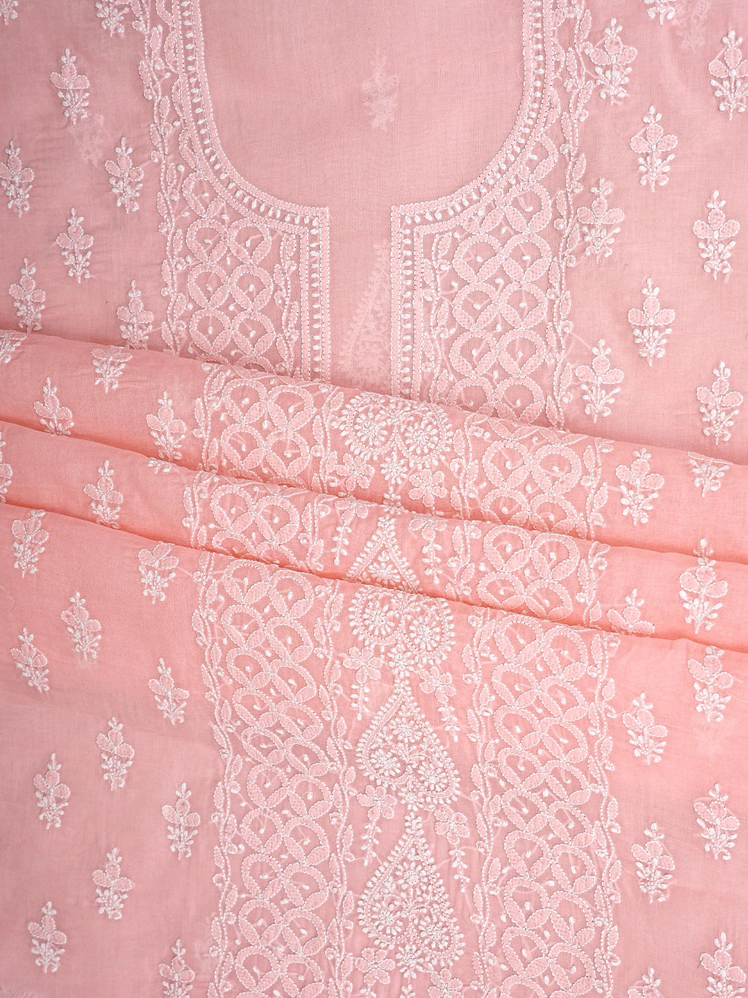 Ada Hand Embroidered Candlelight Peach Cotton Lucknowi Chikankari Unstitched Suit Piece 01A914818