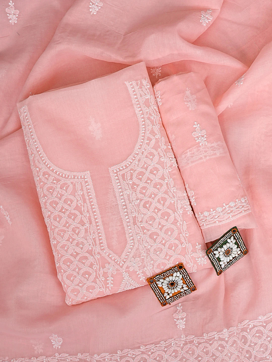 Ada Hand Embroidered Candlelight Peach Cotton Lucknowi Chikankari Unstitched Suit Piece 01A914818