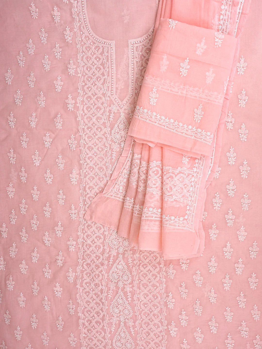 Ada Hand Embroidered Candlelight Peach Cotton Lucknowi Chikankari Unstitched Suit Piece 01A914818