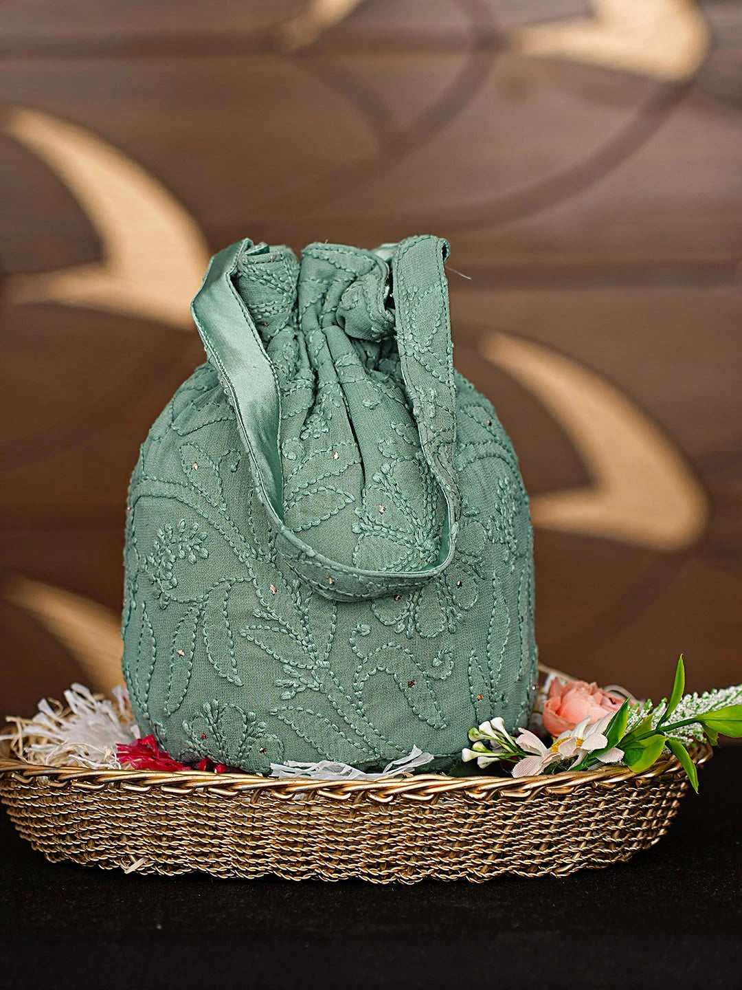 Ada Hand Embroidered Teal Green Viscose Georgette Lucknowi Chikankari Potli Bag With Muqaish Work 01A912806
