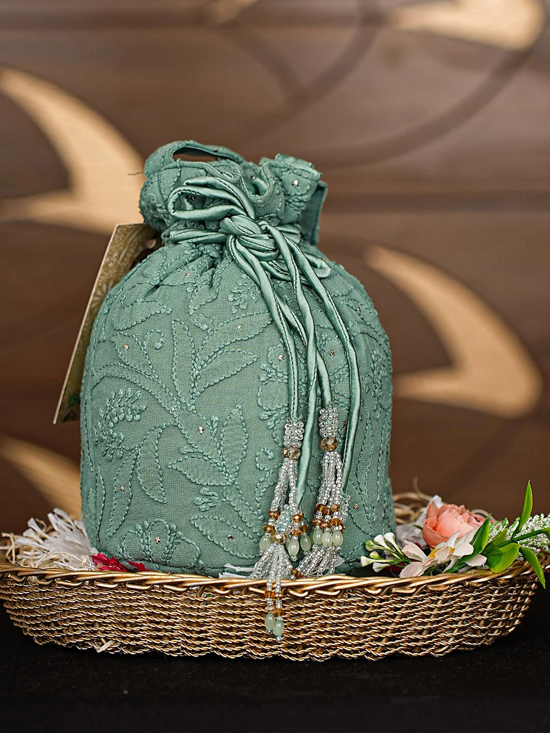 Ada Hand Embroidered Teal Green Viscose Georgette Lucknowi Chikankari Potli Bag With Muqaish Work 01A912806