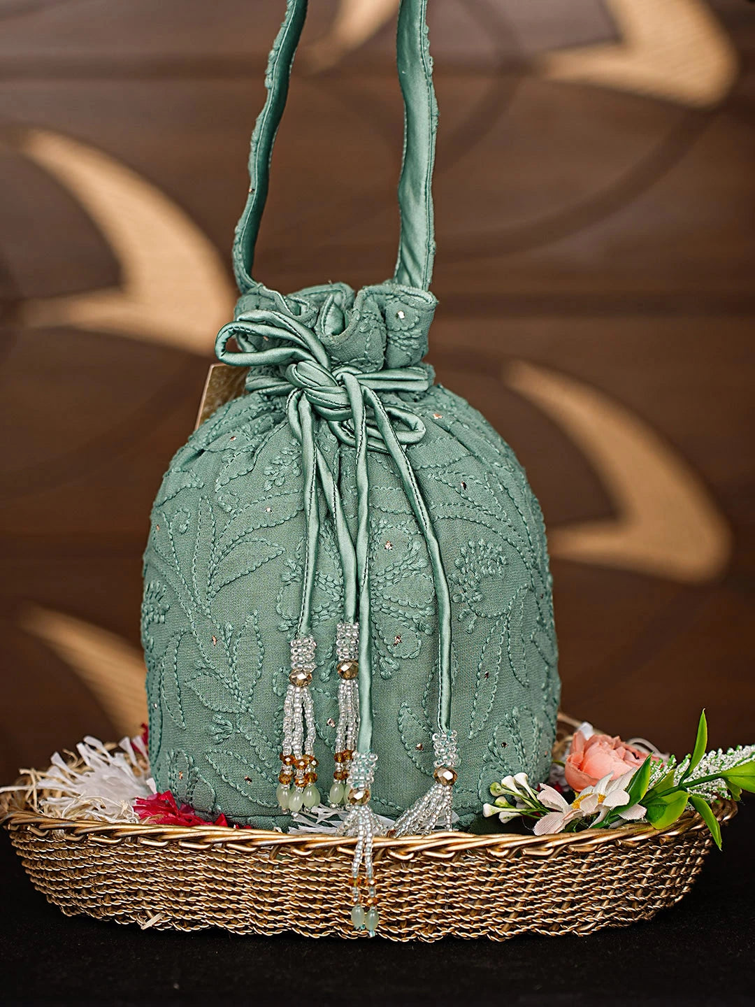 Ada Hand Embroidered Teal Green Viscose Georgette Lucknowi Chikankari Potli Bag With Muqaish Work 01A912806