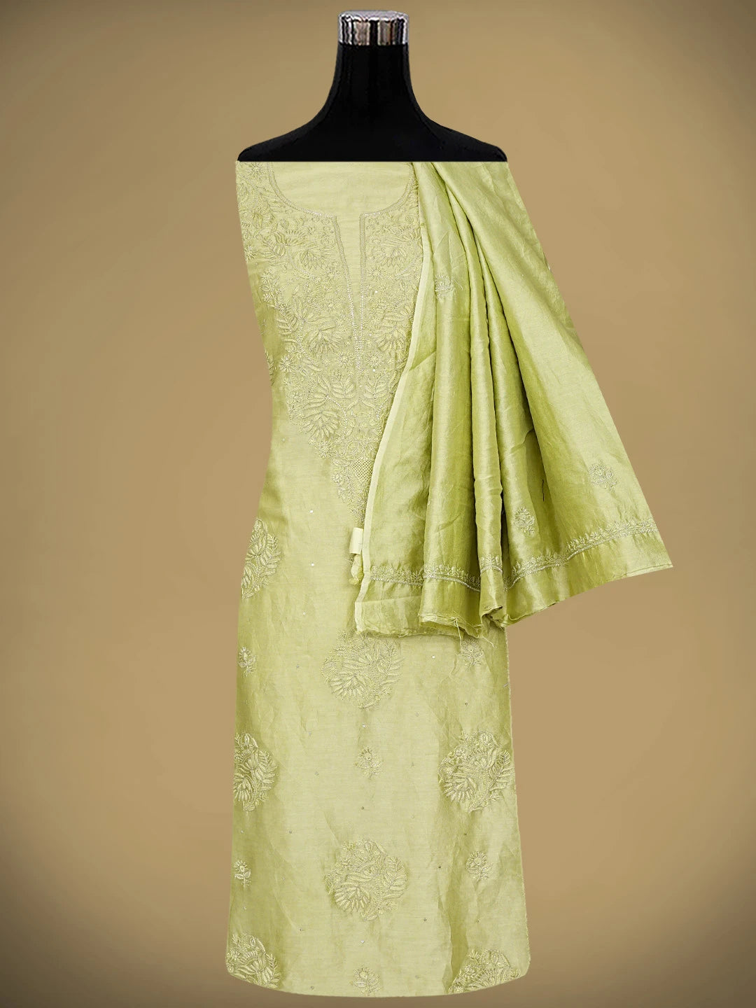 Ada Hand Embroidered Olive Green Chanderi Lucknowi Chikankari Unstitched Kurta Dupatta Set With Cutdana Work 01A805645