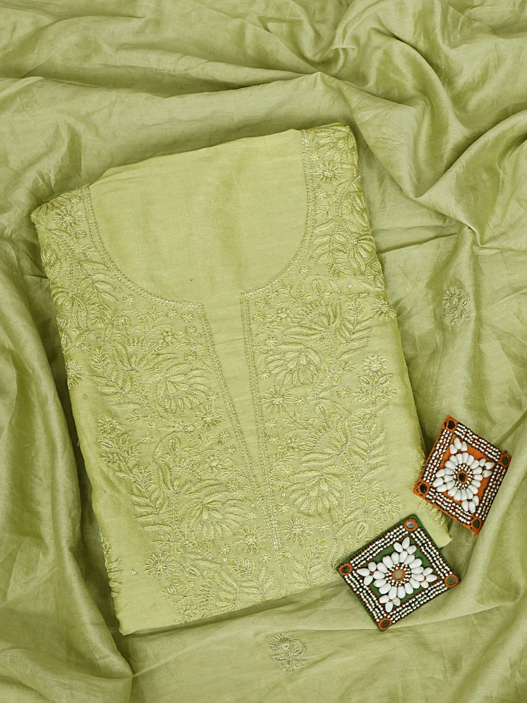 Ada Hand Embroidered Olive Green Chanderi Lucknowi Chikankari Unstitched Kurta Dupatta Set With Cutdana Work 01A805645