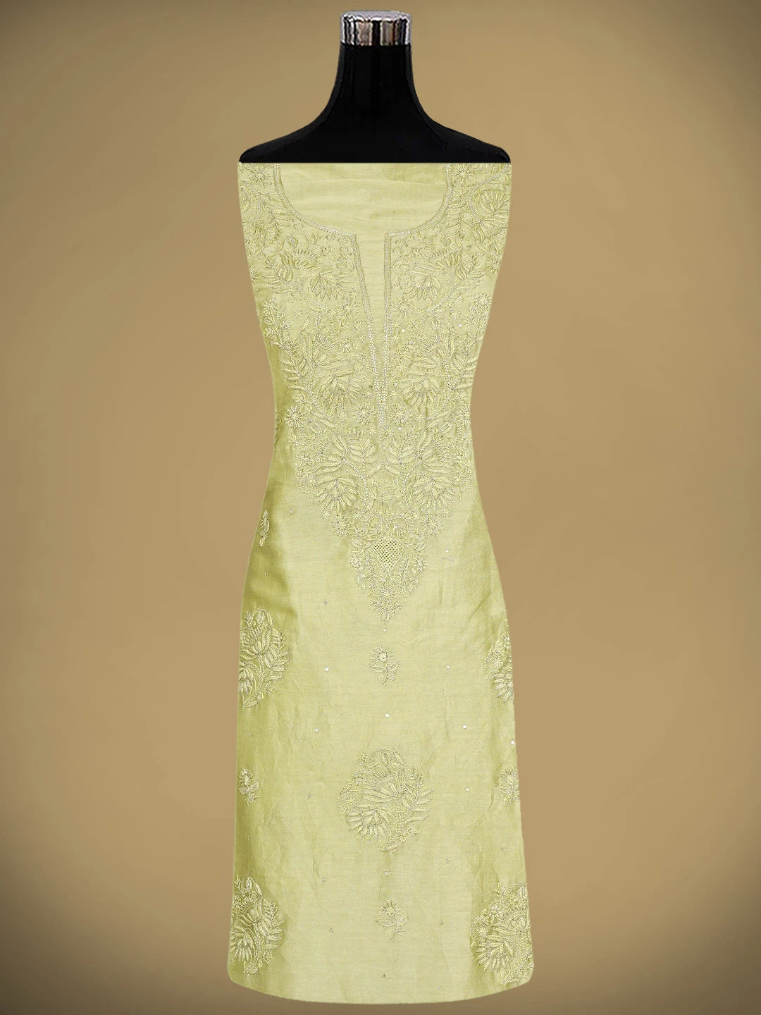 Ada Hand Embroidered Olive Green Chanderi Lucknowi Chikankari Unstitched Kurta Dupatta Set With Cutdana Work 01A805645