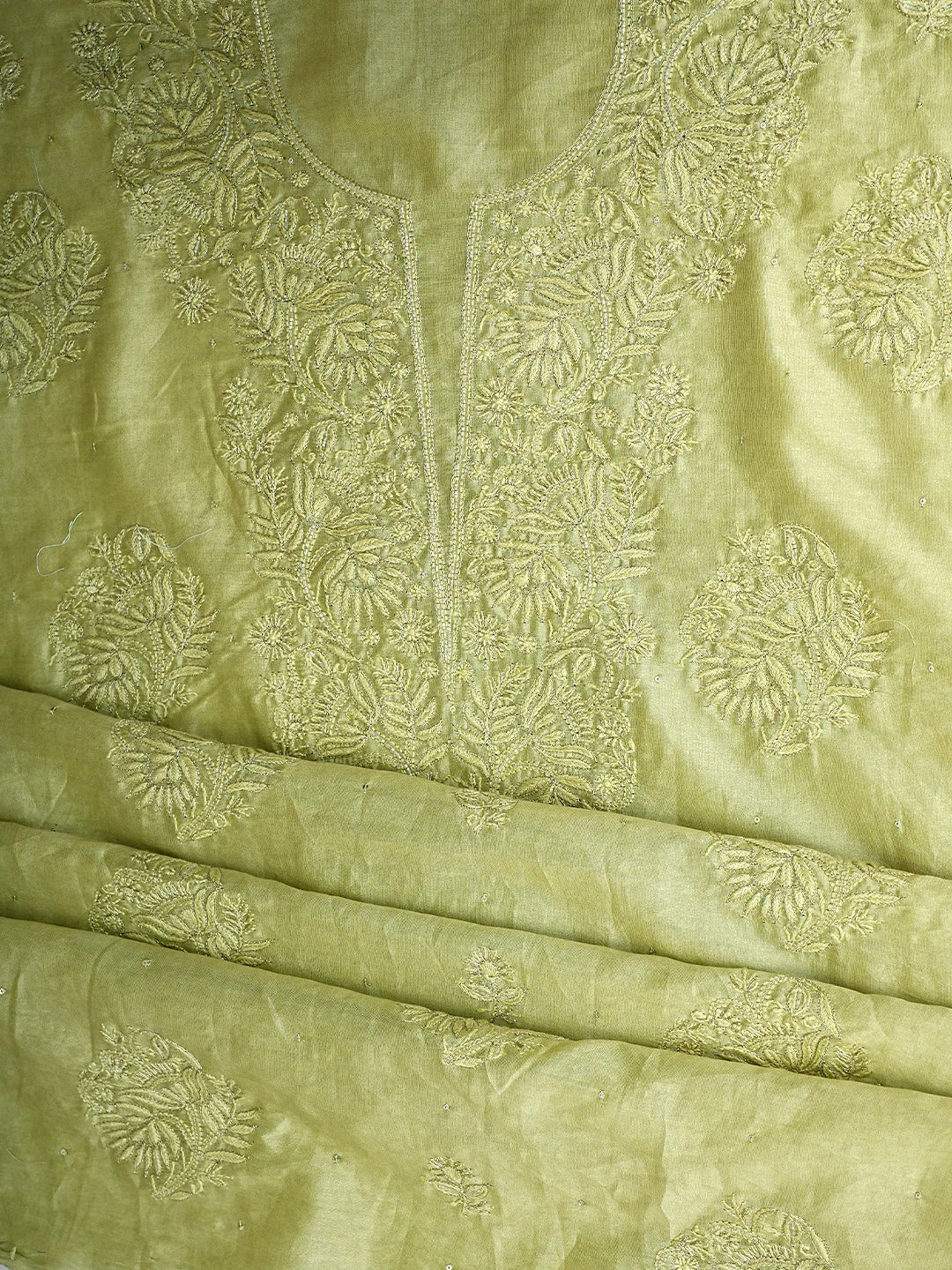 Ada Hand Embroidered Olive Green Chanderi Lucknowi Chikankari Unstitched Kurta Dupatta Set With Cutdana Work 01A805645