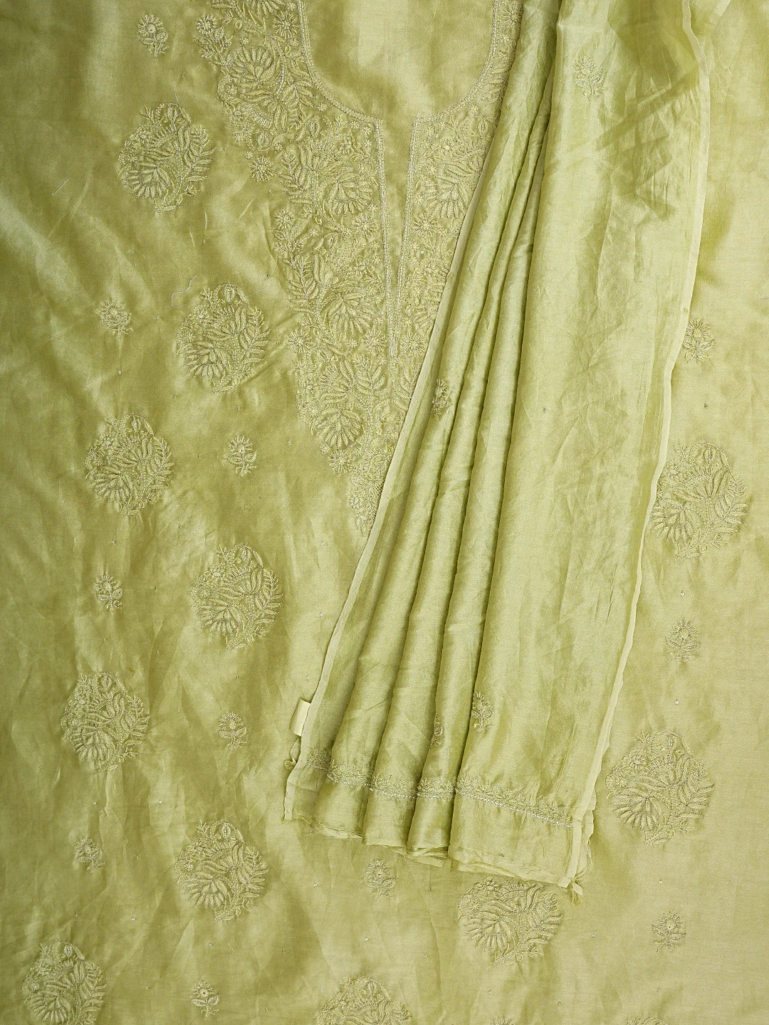 Ada Hand Embroidered Olive Green Chanderi Lucknowi Chikankari Unstitched Kurta Dupatta Set With Cutdana Work 01A805645