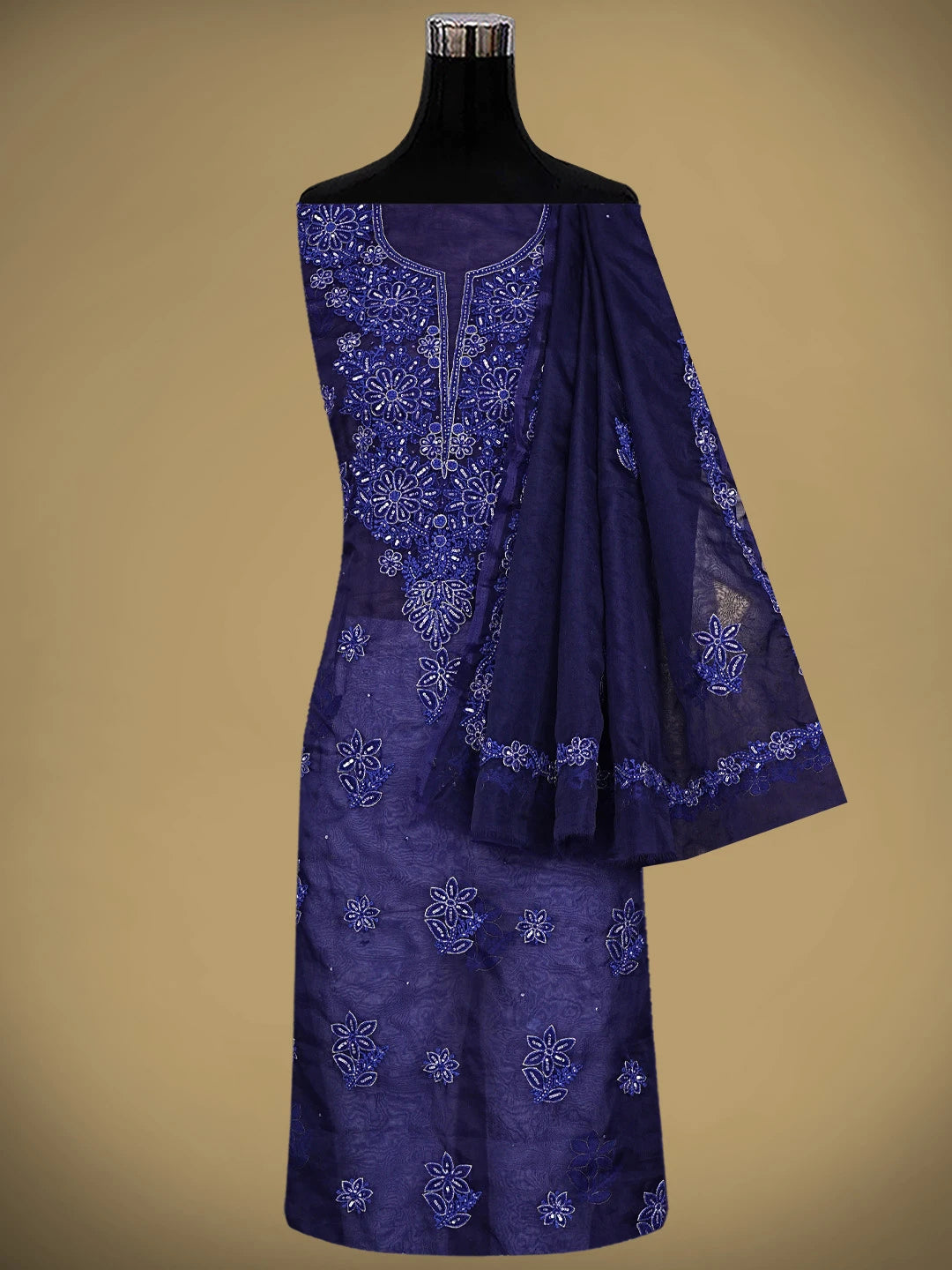 Ada Hand Embroidered Blue Organza Lucknowi Chikankari Unstitched Kurta Dupatta Set With Cutdana Work 01A767722