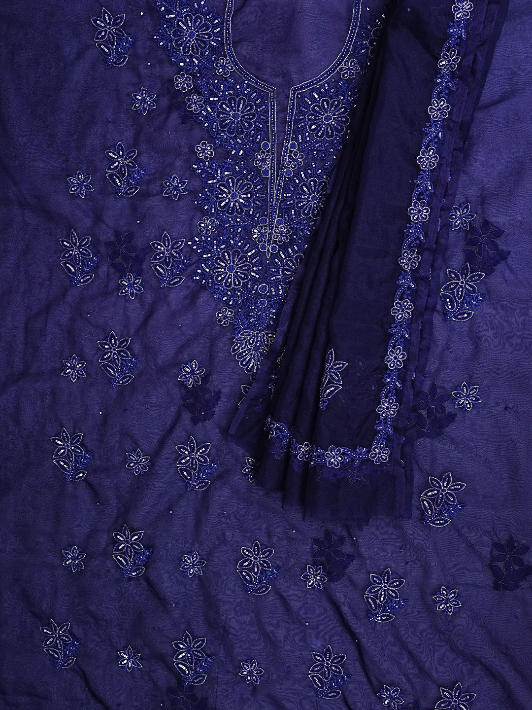 Ada Hand Embroidered Blue Organza Lucknowi Chikankari Unstitched Kurta Dupatta Set With Cutdana Work 01A767722