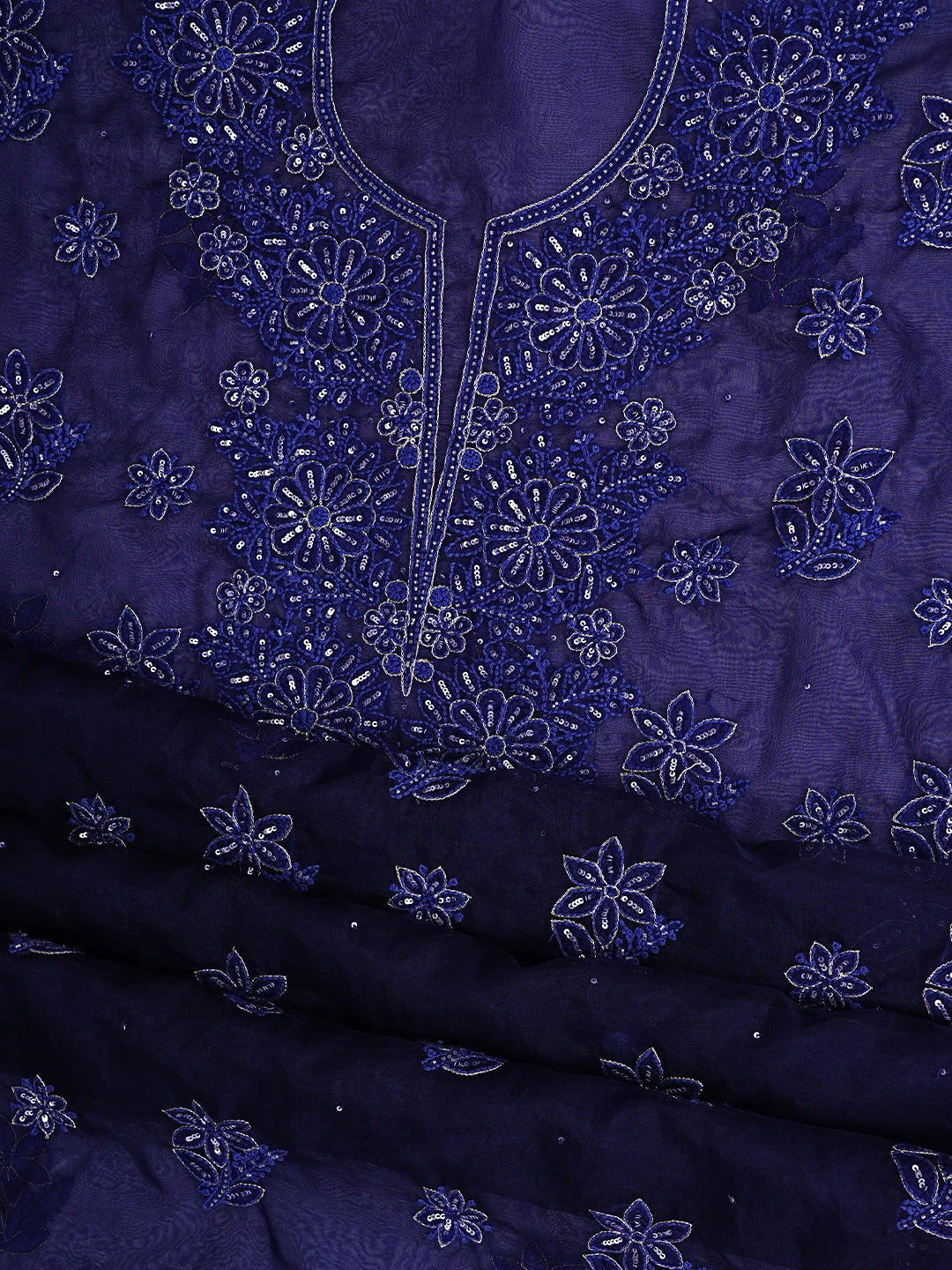 Ada Hand Embroidered Blue Organza Lucknowi Chikankari Unstitched Kurta Dupatta Set With Cutdana Work 01A767722