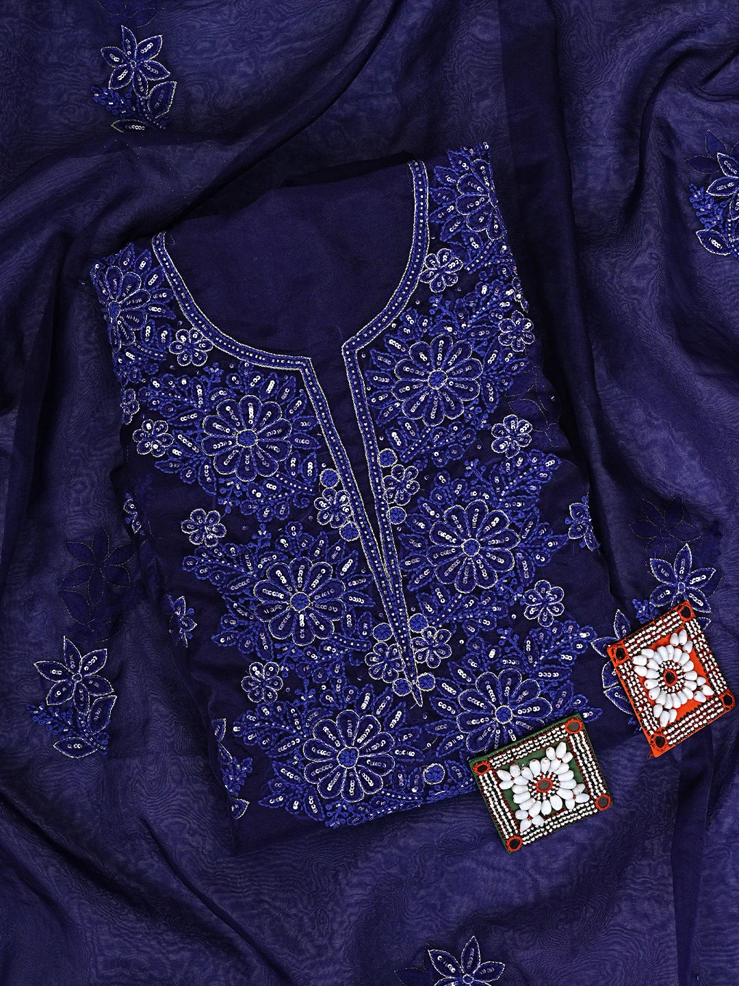 Ada Hand Embroidered Blue Organza Lucknowi Chikankari Unstitched Kurta Dupatta Set With Cutdana Work 01A767722