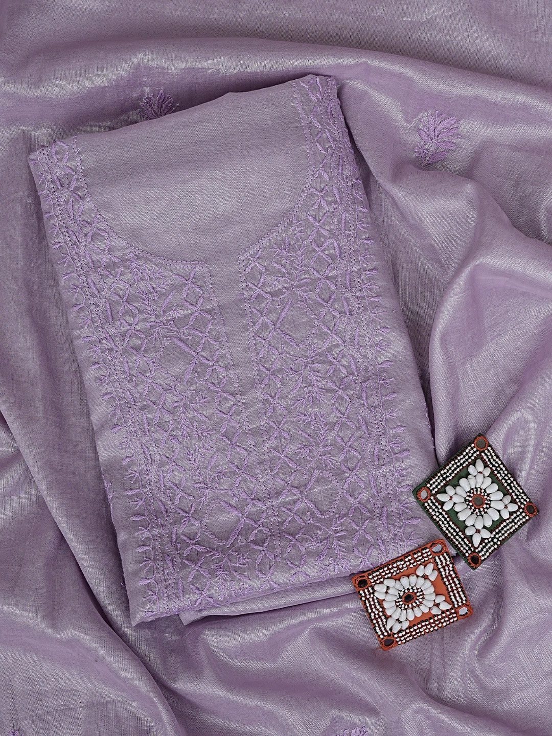 Ada Hand Embroidered Mauve Tissue Lucknowi Chikankari Unstitched Kurta Dupatta Set 01A901648