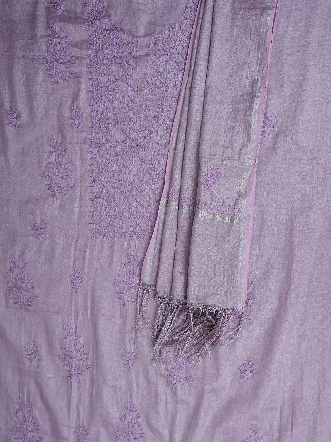 Ada Hand Embroidered Mauve Tissue Lucknowi Chikankari Unstitched Kurta Dupatta Set 01A901648