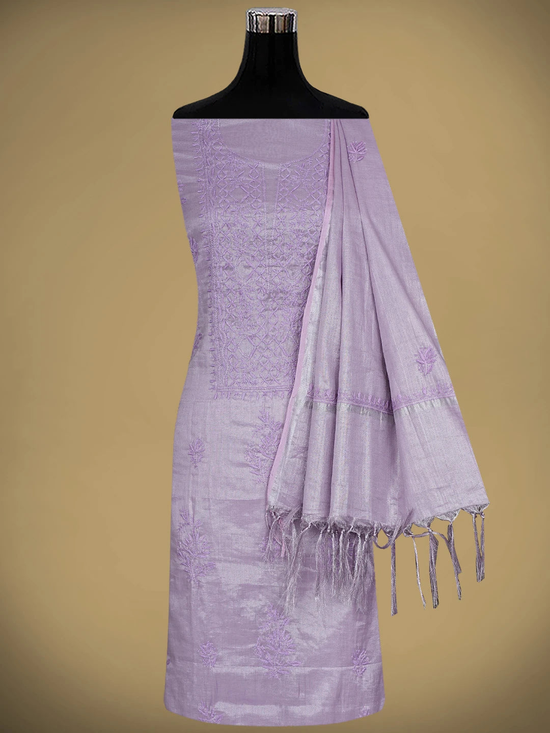 Ada Hand Embroidered Mauve Tissue Lucknowi Chikankari Unstitched Kurta Dupatta Set 01A901648