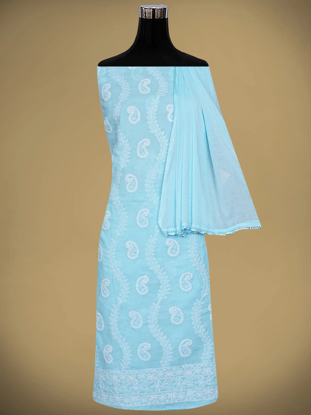 Ada Hand Embroidered Blue Cotton Lucknowi Chikankari Unstitched Suit Piece with Chiffon Dupatta 01A861446