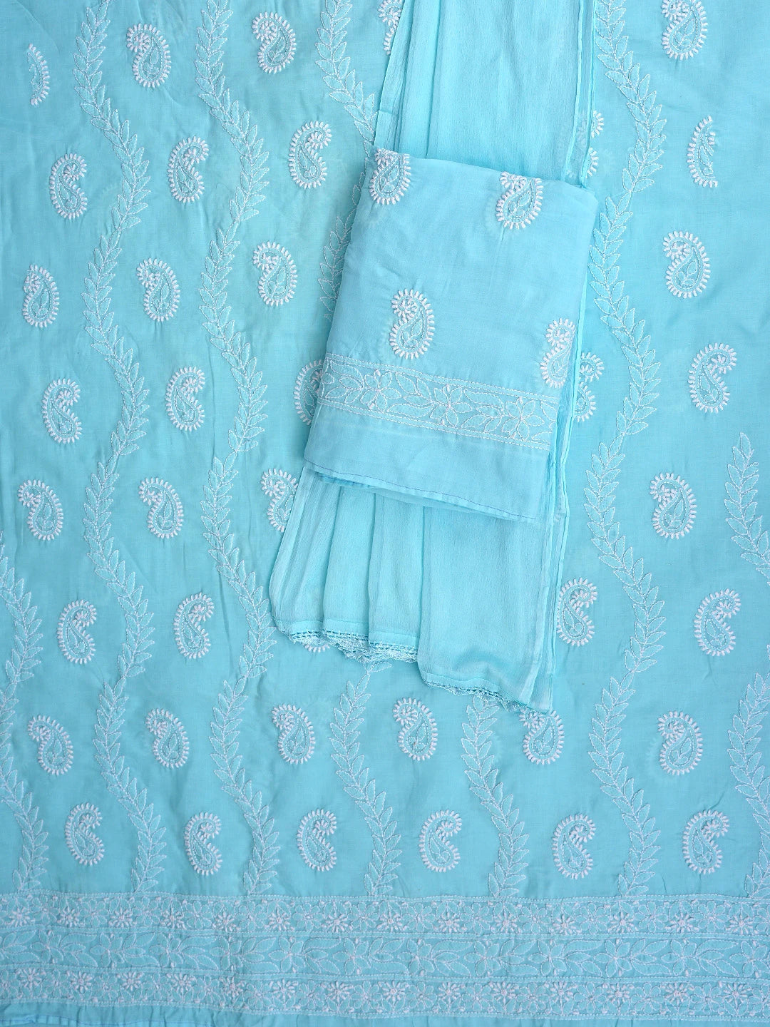 Ada Hand Embroidered Blue Cotton Lucknowi Chikankari Unstitched Suit Piece with Chiffon Dupatta 01A861446