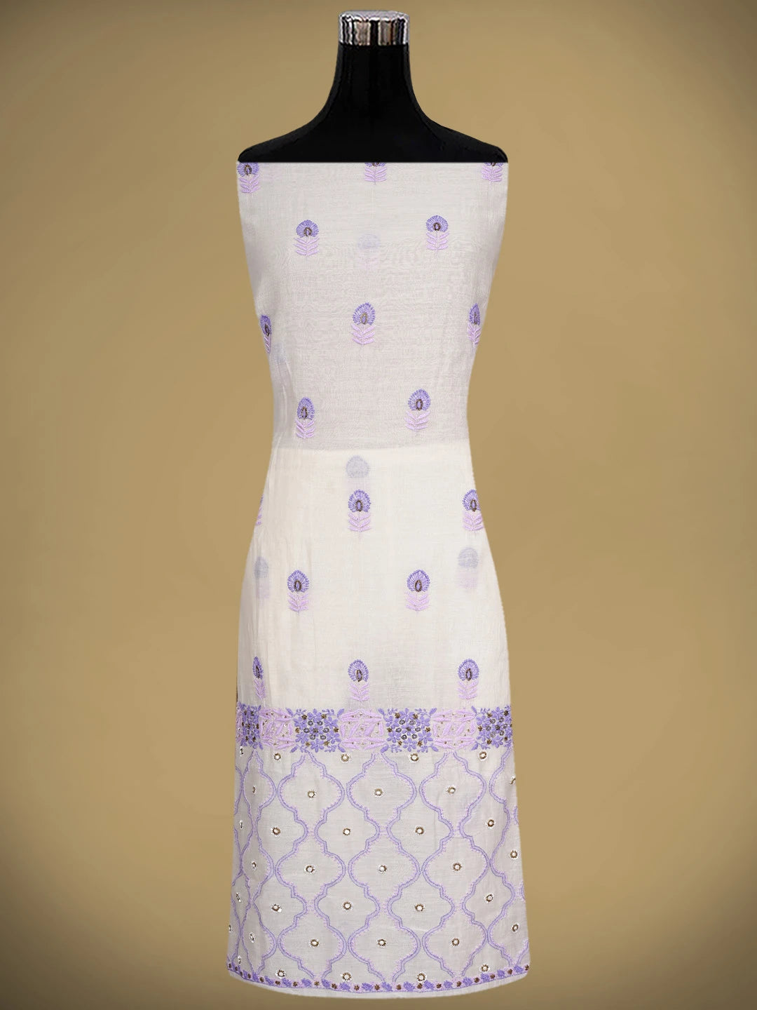 Ada Hand Embroidered Cream Chanderi Lucknowi Chikankari Unstitched Kurta Dupatta Set With Cutdana Work 01A525844