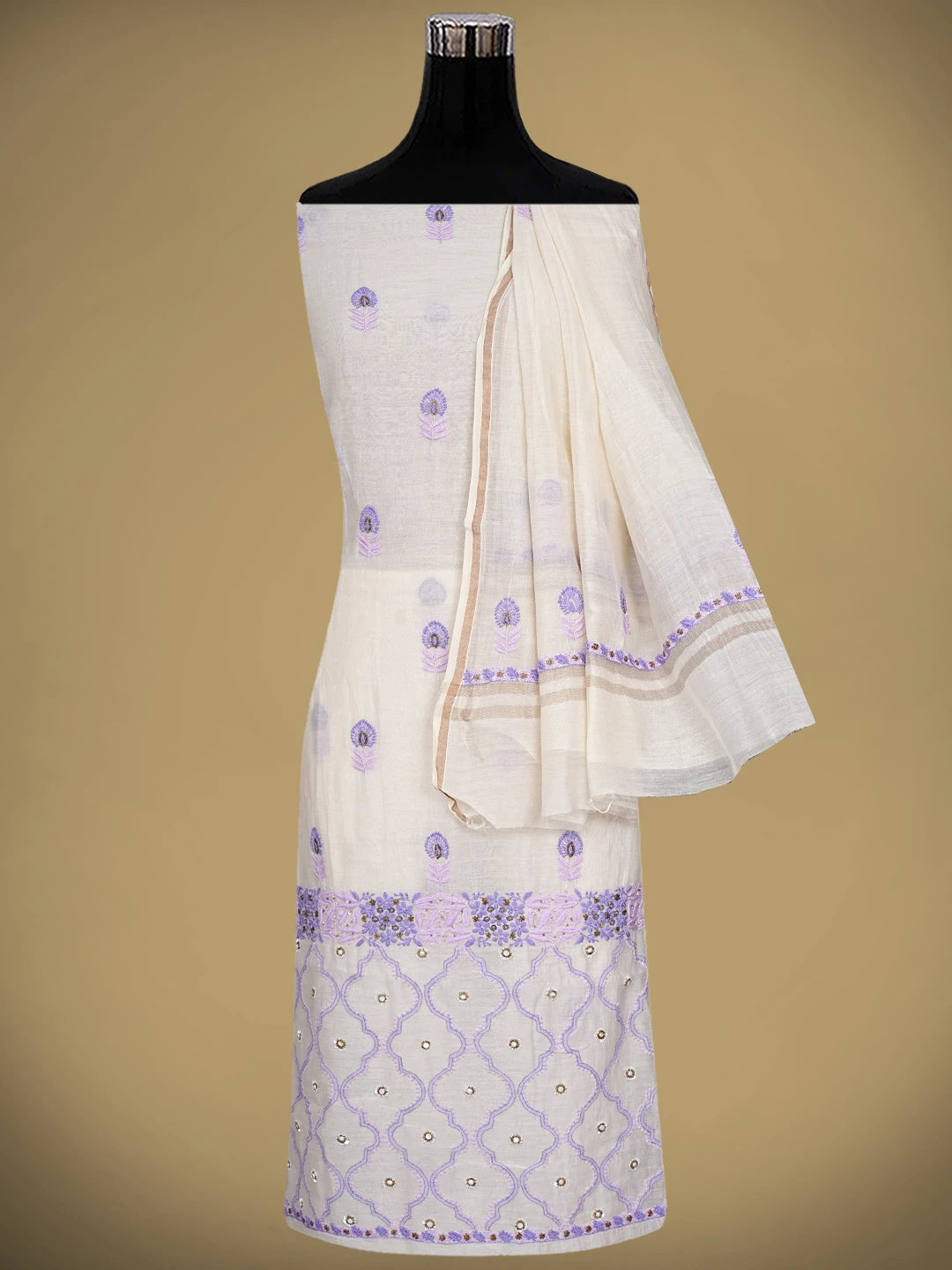 Ada Hand Embroidered Cream Chanderi Lucknowi Chikankari Unstitched Kurta Dupatta Set With Cutdana Work 01A525844