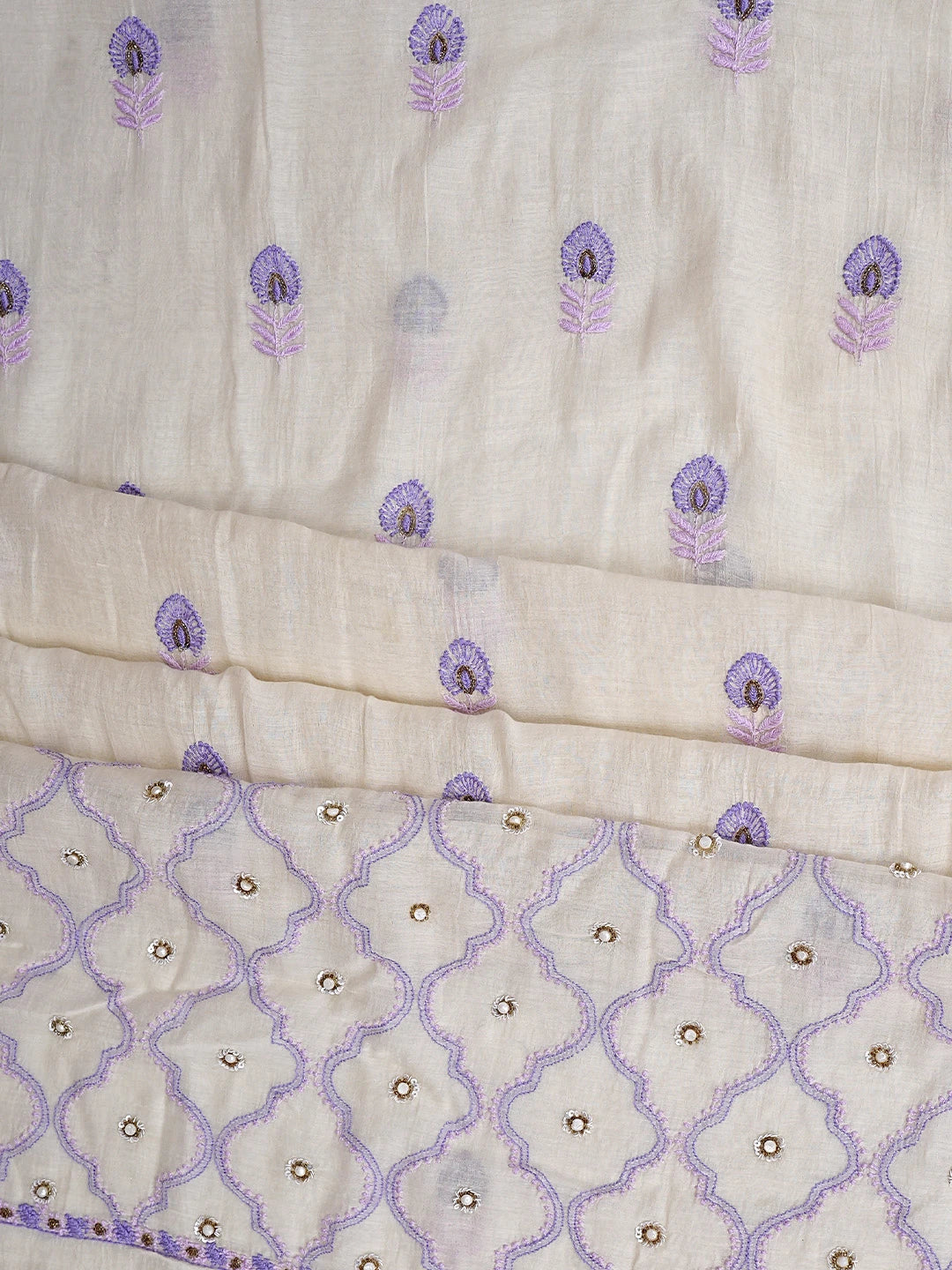Ada Hand Embroidered Cream Chanderi Lucknowi Chikankari Unstitched Kurta Dupatta Set With Cutdana Work 01A525844