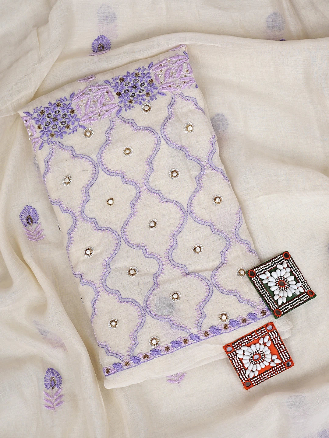 Ada Hand Embroidered Cream Chanderi Lucknowi Chikankari Unstitched Kurta Dupatta Set With Cutdana Work 01A525844
