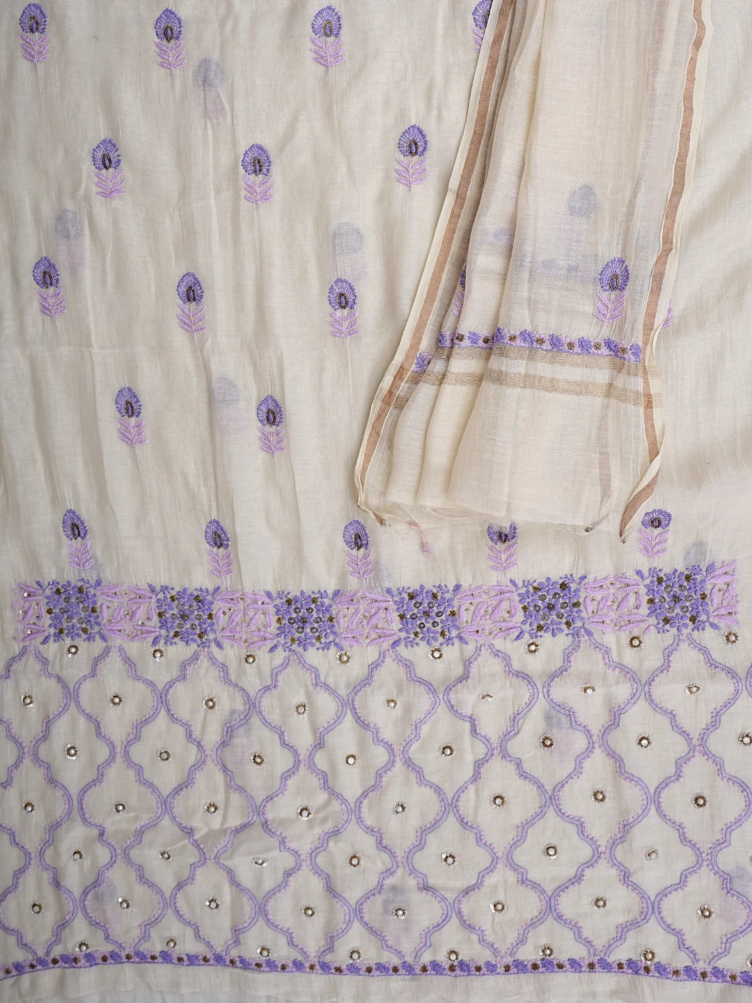 Ada Hand Embroidered Cream Chanderi Lucknowi Chikankari Unstitched Kurta Dupatta Set With Cutdana Work 01A525844