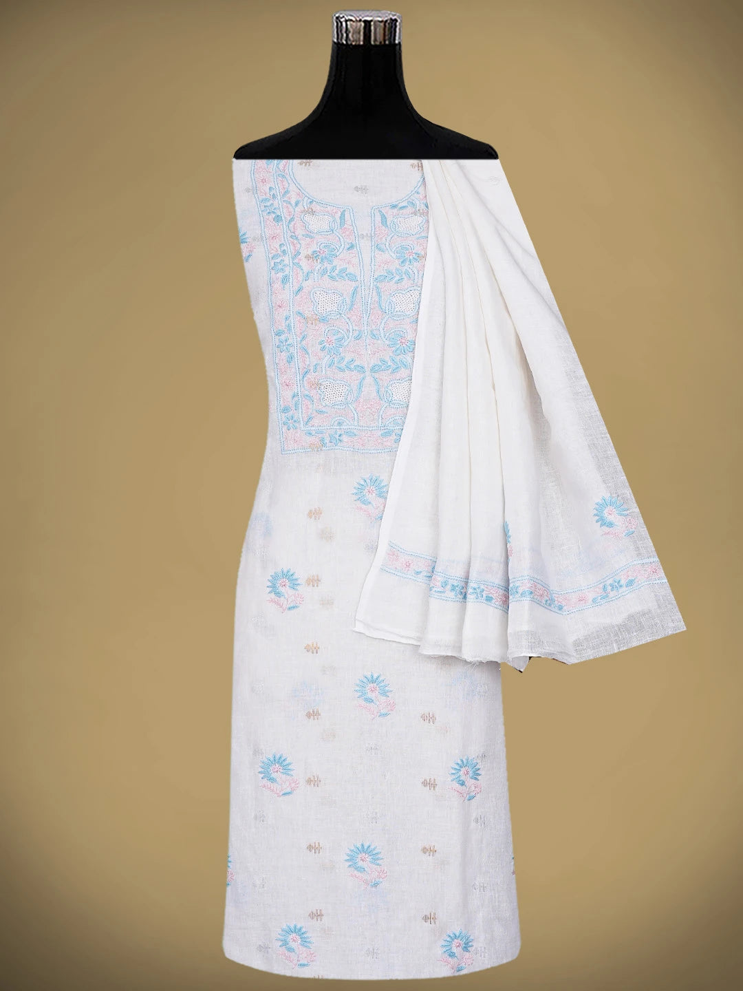 Ada Hand Embroidered White Linen Lucknowi Chikankari Unstitched Kurta Dupatta Set 01A917360