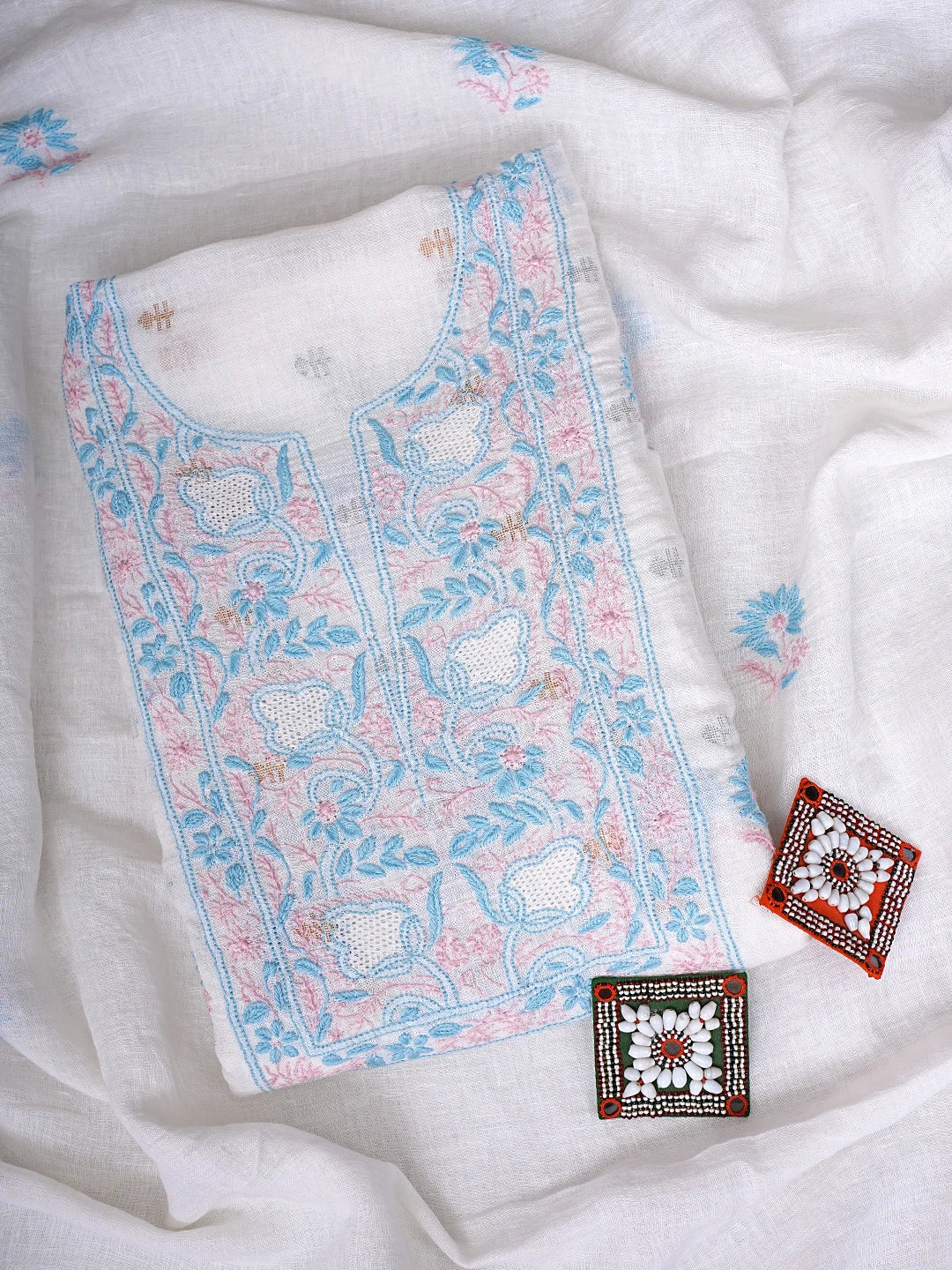 Ada Hand Embroidered White Linen Lucknowi Chikankari Unstitched Kurta Dupatta Set 01A917360