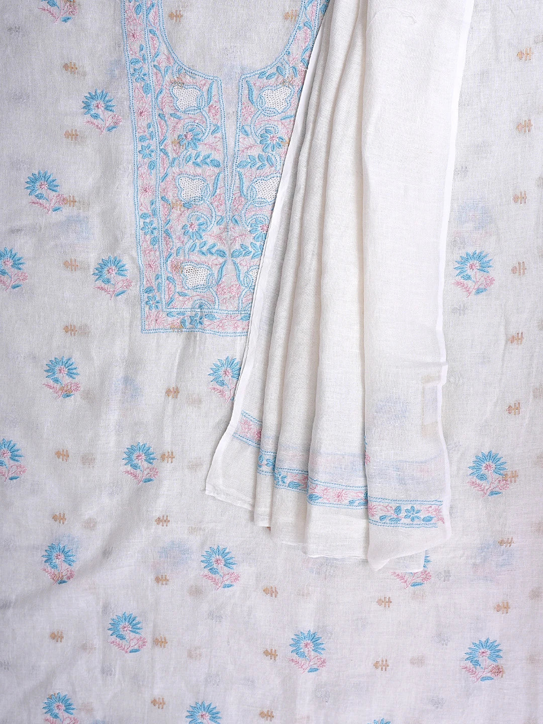 Ada Hand Embroidered White Linen Lucknowi Chikankari Unstitched Kurta Dupatta Set 01A917360