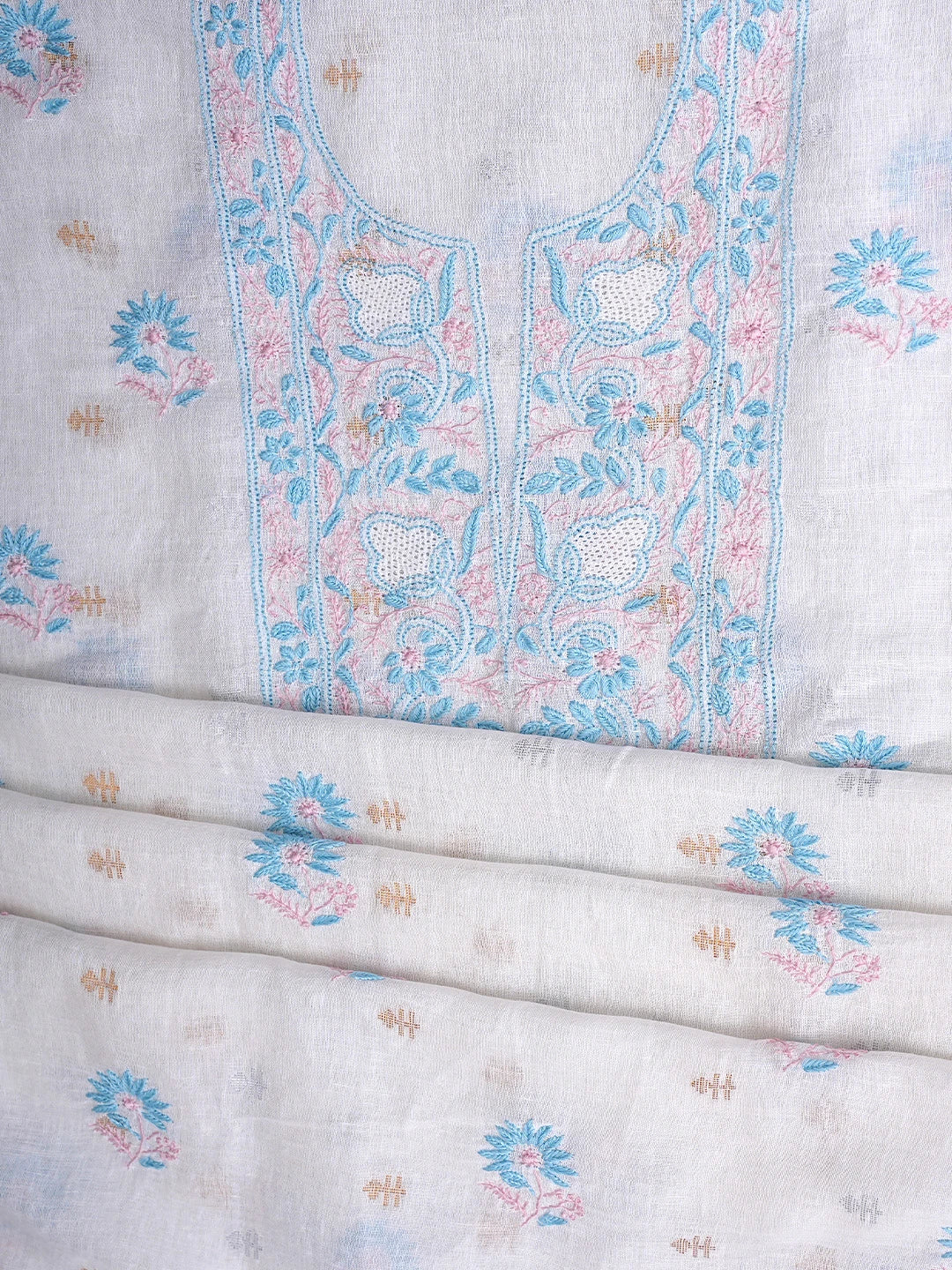 Ada Hand Embroidered White Linen Lucknowi Chikankari Unstitched Kurta Dupatta Set 01A917360